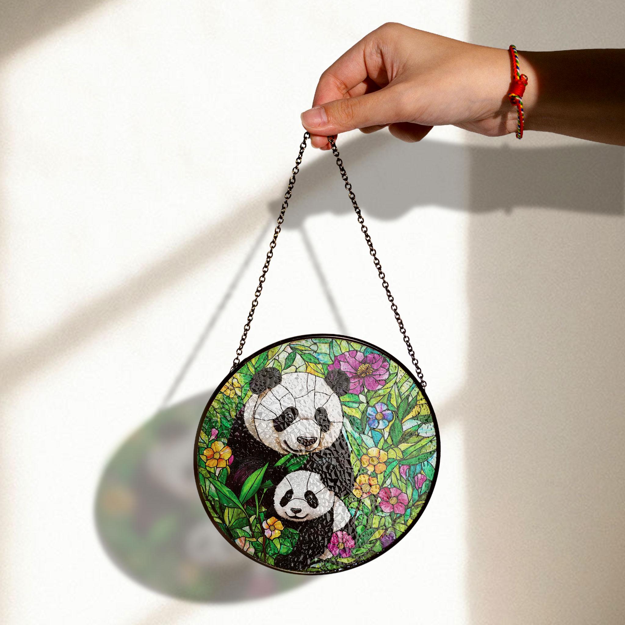 Panda Family Stained Glass Panel - Vibrant Floral and Bamboo Wildlife Circular Window Hanging, Acrylic Stained Glass Style Sun Catcher, Handmade Decorative Window Hanging, Vibrant Home Ornament, Stained Glass Window Art, Sunlit Home Accent Gift