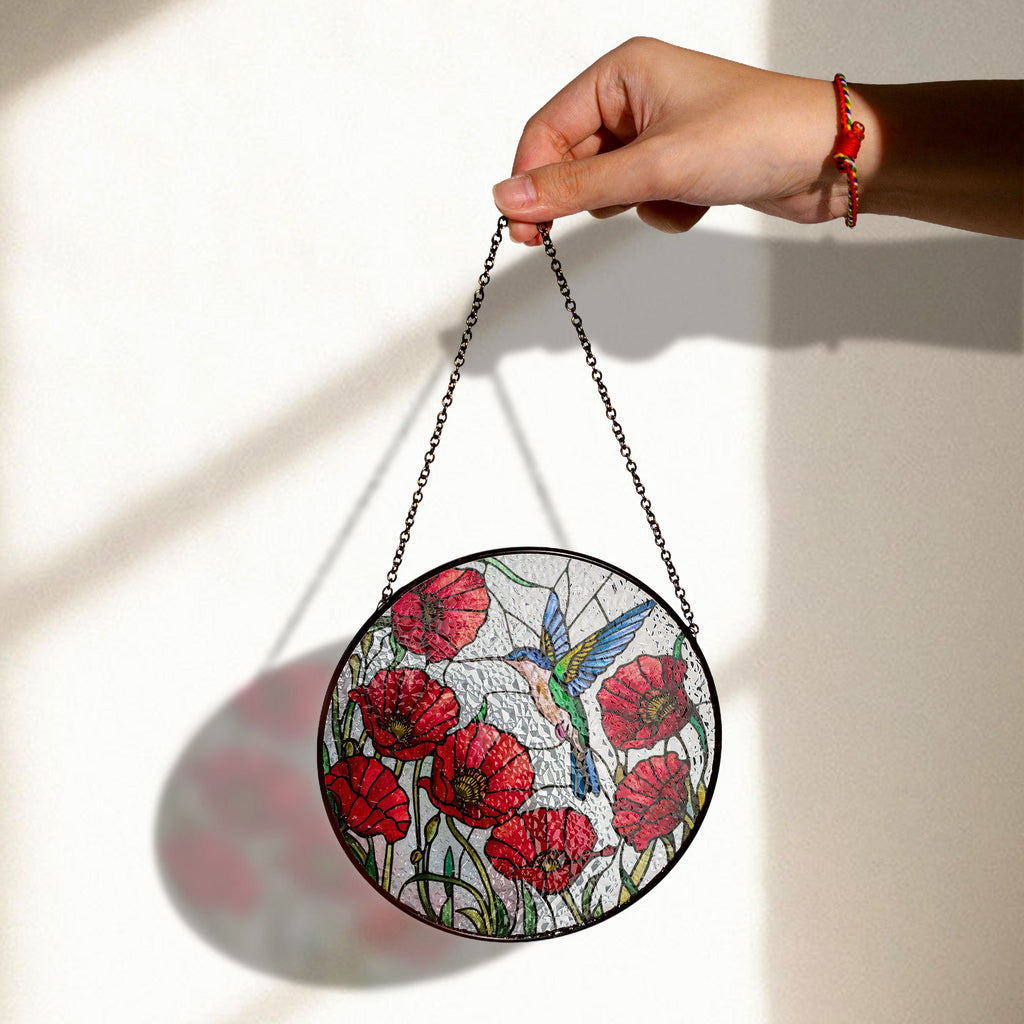 Vibrant Hummingbird & Red Poppy Stained Glass Suncatcher - Beauty Nature Window Art, Acrylic Stained Glass Decoration, Handmade Window Suncatcher Ornament, Boho Light Catcher Gift