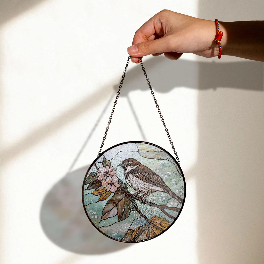 Elegant Bird and Flower Stained Glass Panel for Nature-inspired Window Decor, Acrylic Boho Window Suncatcher, Stained Glass Look Panel, Artistic Light Catcher, Handmade Home Accent