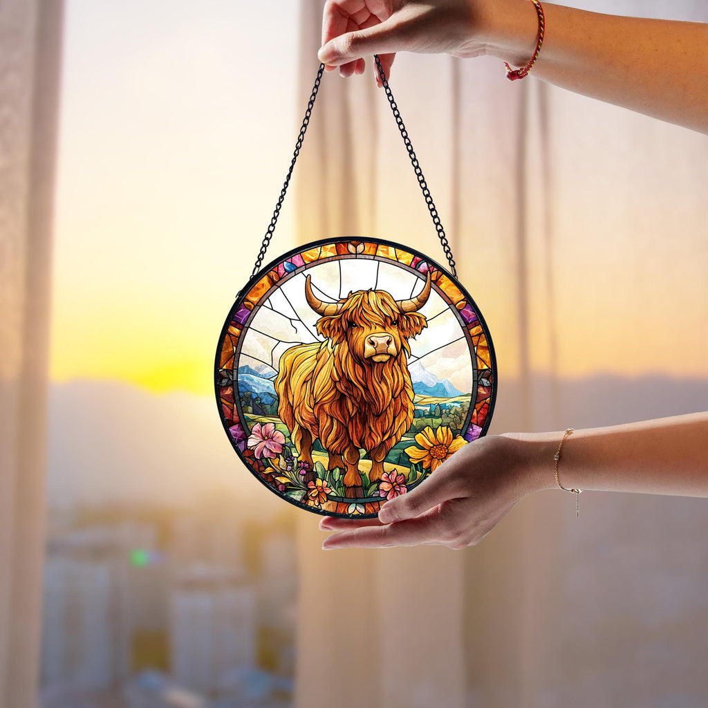 Highland Cow Faux Stained Glass Window Hanging_ Farmhouse Decor, Handcrafted Stained Glass Suncatcher, Vibrant Window Art Panel, Sunlit Light Catcher Decoration, Boho Room Decor, Gift for Home Lovers