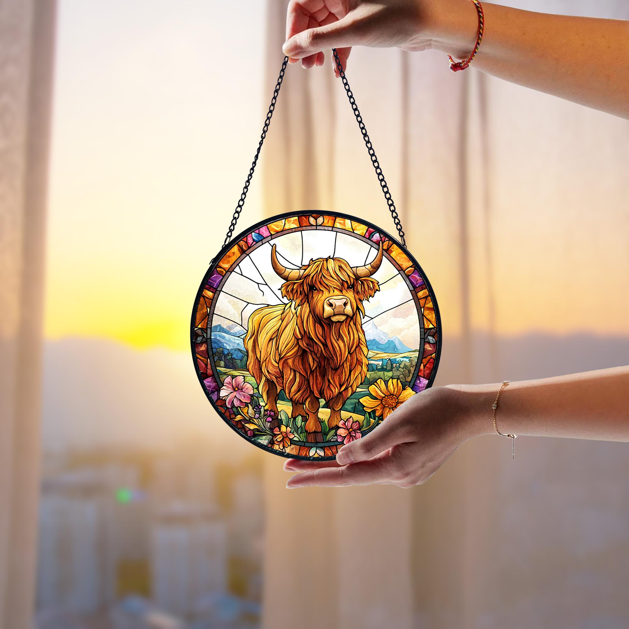 Highland Cow Faux Stained Glass Window Hanging_ Farmhouse Decor, Handcrafted Stained Glass Suncatcher, Vibrant Window Art Panel, Sunlit Light Catcher Decoration, Boho Room Decor, Gift for Home Lovers