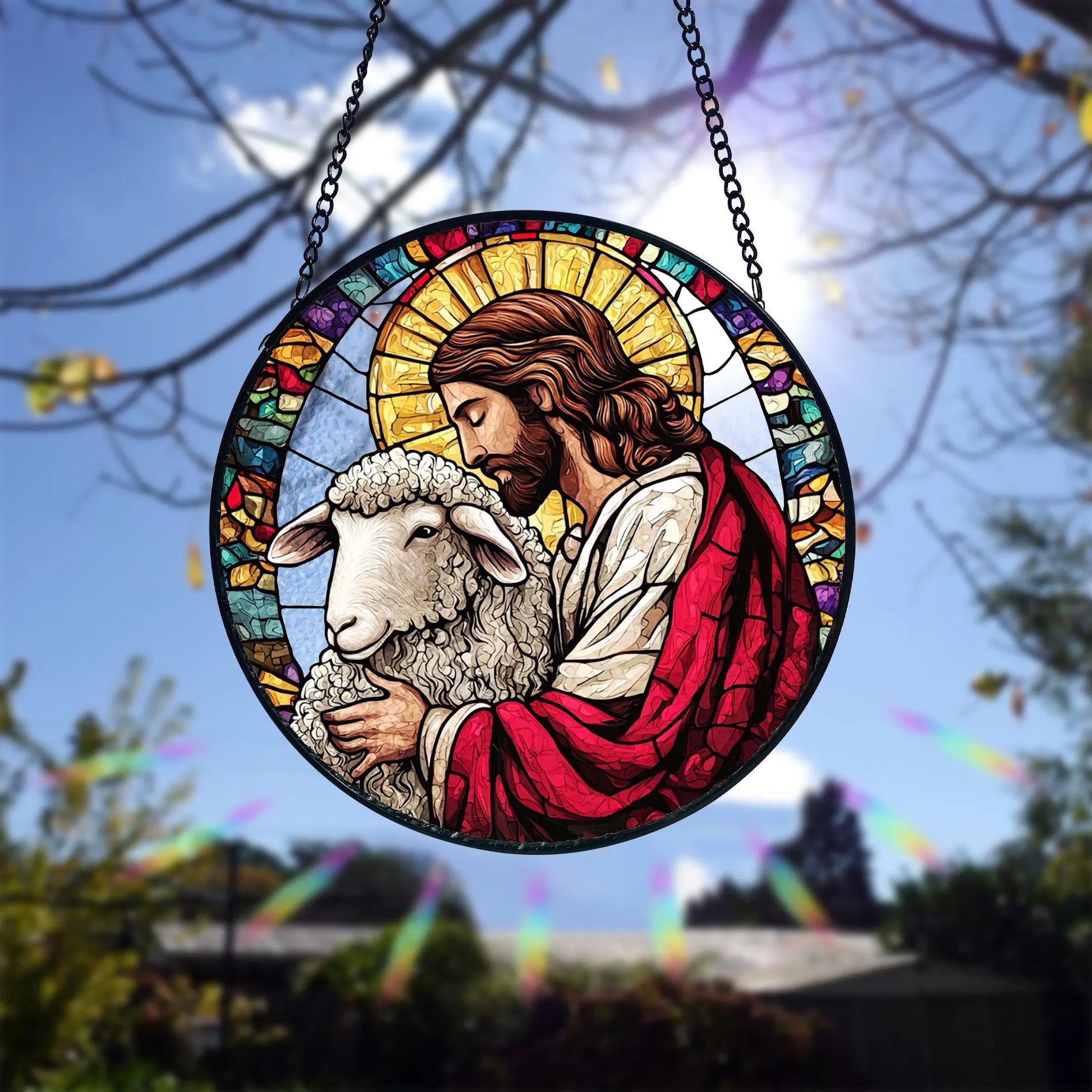 Handmade Stained Glass Suncatcher_ Jesus Leaves the 99, Christian Decor, Handcrafted Stained Glass Suncatcher, Vibrant Window Art Panel, Sunlit Light Catcher Decoration, Boho Room Decor, Gift for Home Lovers