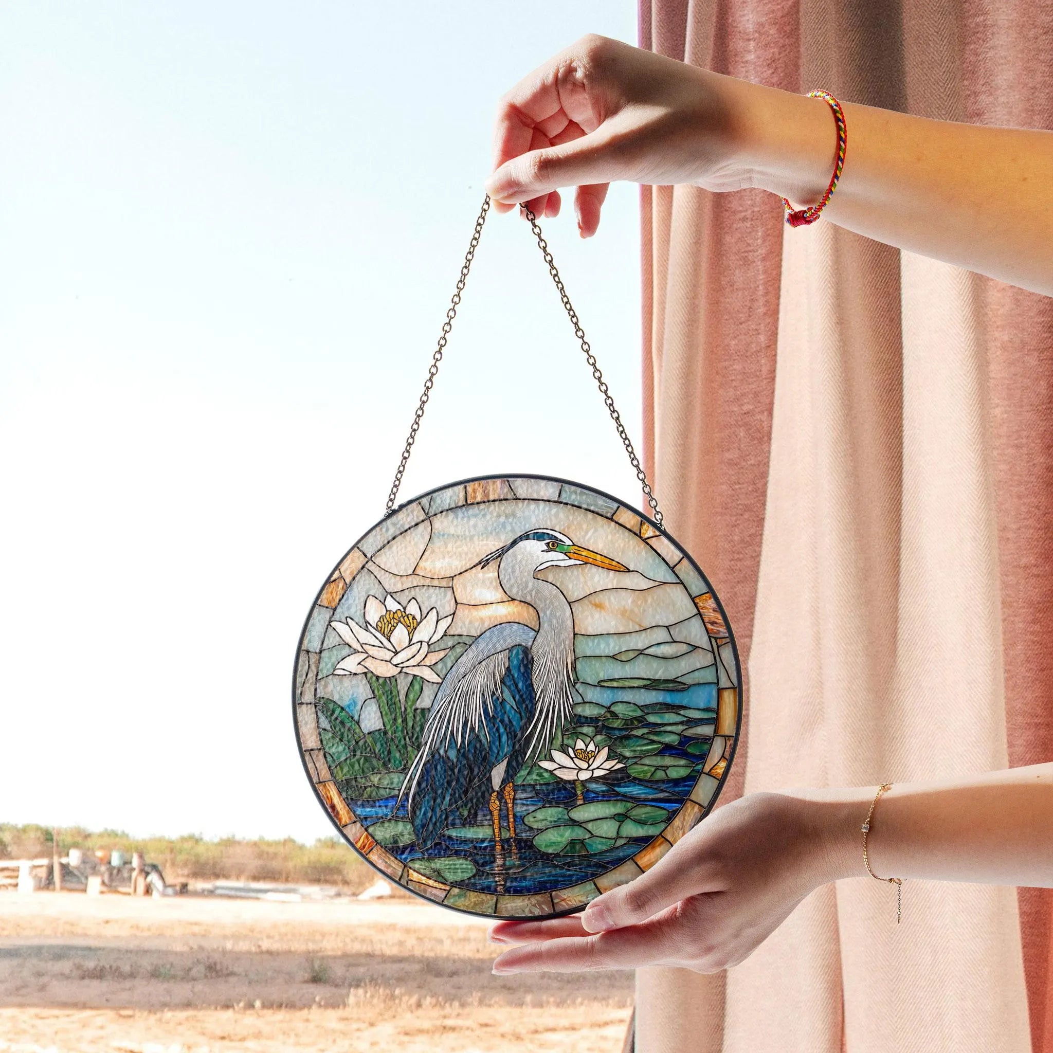 Blue Heron Stained Glass Suncatcher, Nature Window Decor, Water Lily Theme, Bird Lovers Home Accent, Unique Wildlife Gift, Gift for Mom, Acrylic Stained Glass Inspired Suncatcher, Decorative Window Hanging, Artistic Home Decoration