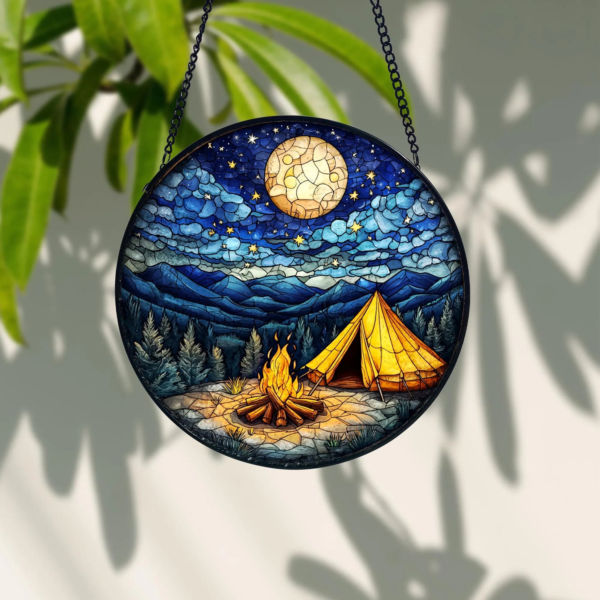 Starry Campfire Stained Glass Suncatcher_ Handmade Rustic Decor, Acrylic Stained Glass Clover Suncatcher, Lucky Window Hanging, Boho Green Ornament, Unique Artisan Home Decor