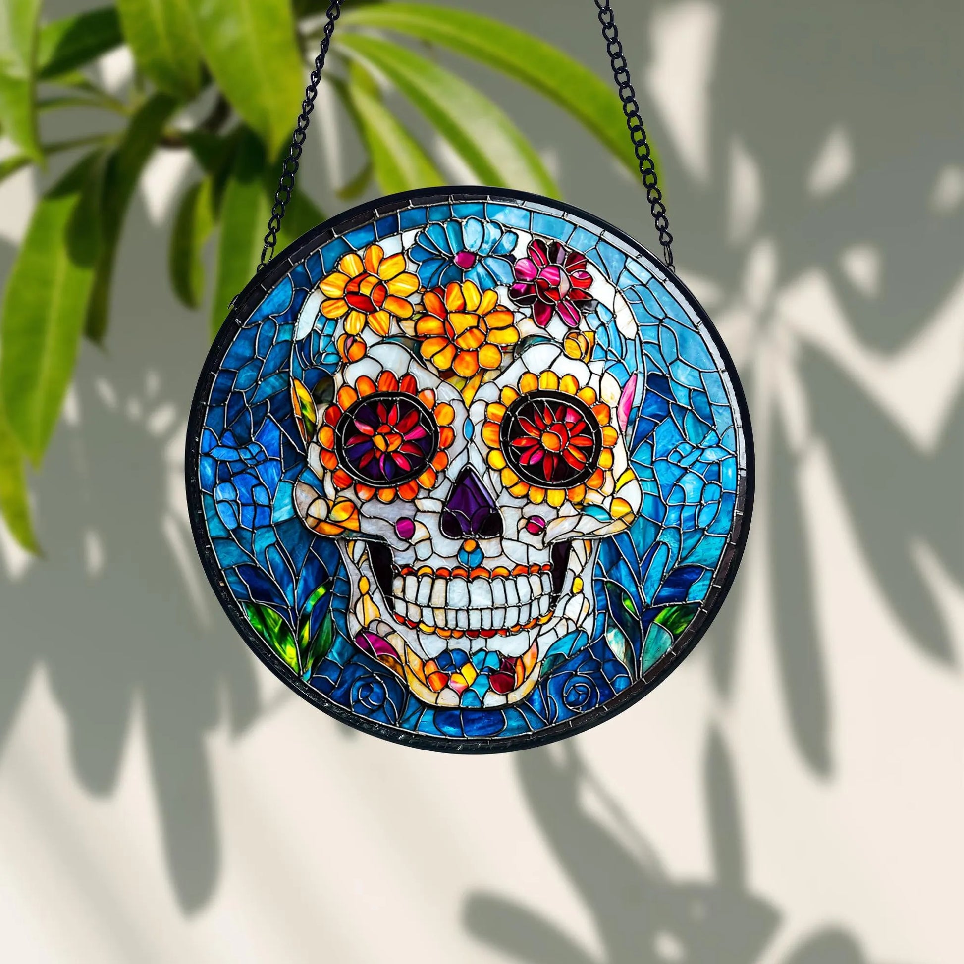 Sugar Skull Stained Glass Suncatcher, Dia De Los Muertos Decor, Acrylic Stained Glass Clover Suncatcher, Lucky Window Hanging, Boho Green Ornament, Unique Artisan Home Decor