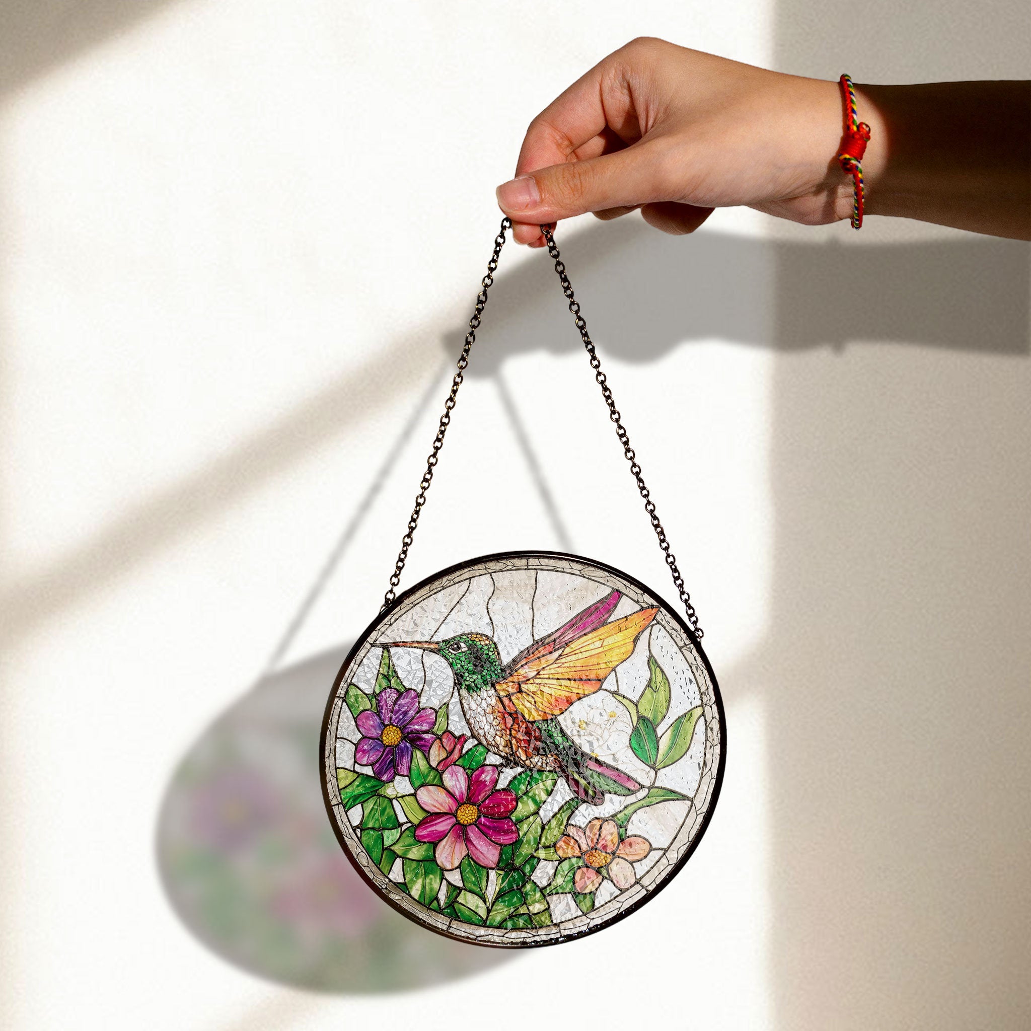 Stained Glass Hummingbird and Wildflowers Suncatcher, Window Hanging Decor, Indoor Wall Art, Gift for Women, Floral Bird Art Ornament , Vibrant Acrylic Sun Catcher Hanging, Stained Glass Look Window Decor, Decorative Home Accent Gift