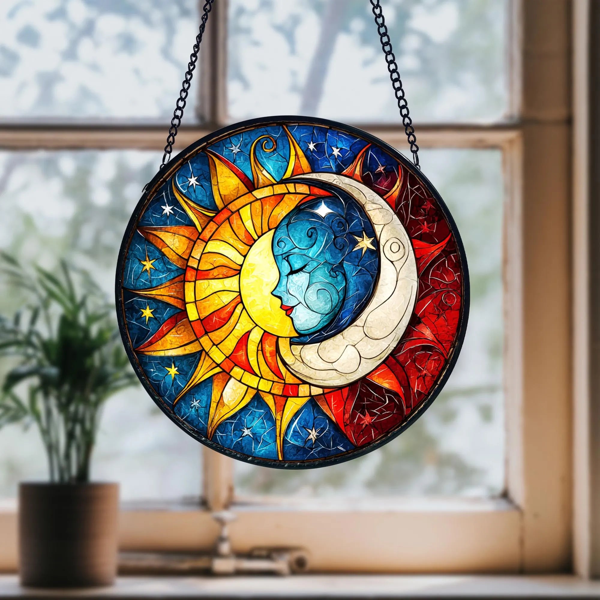 Sun & Moon Stained Glass Suncatcher_ Celestial Window Decor, Stained Glass Inspired Suncatcher, Acrylic Window Hanging Art, Colorful Light Catcher, Handmade Gift for Home