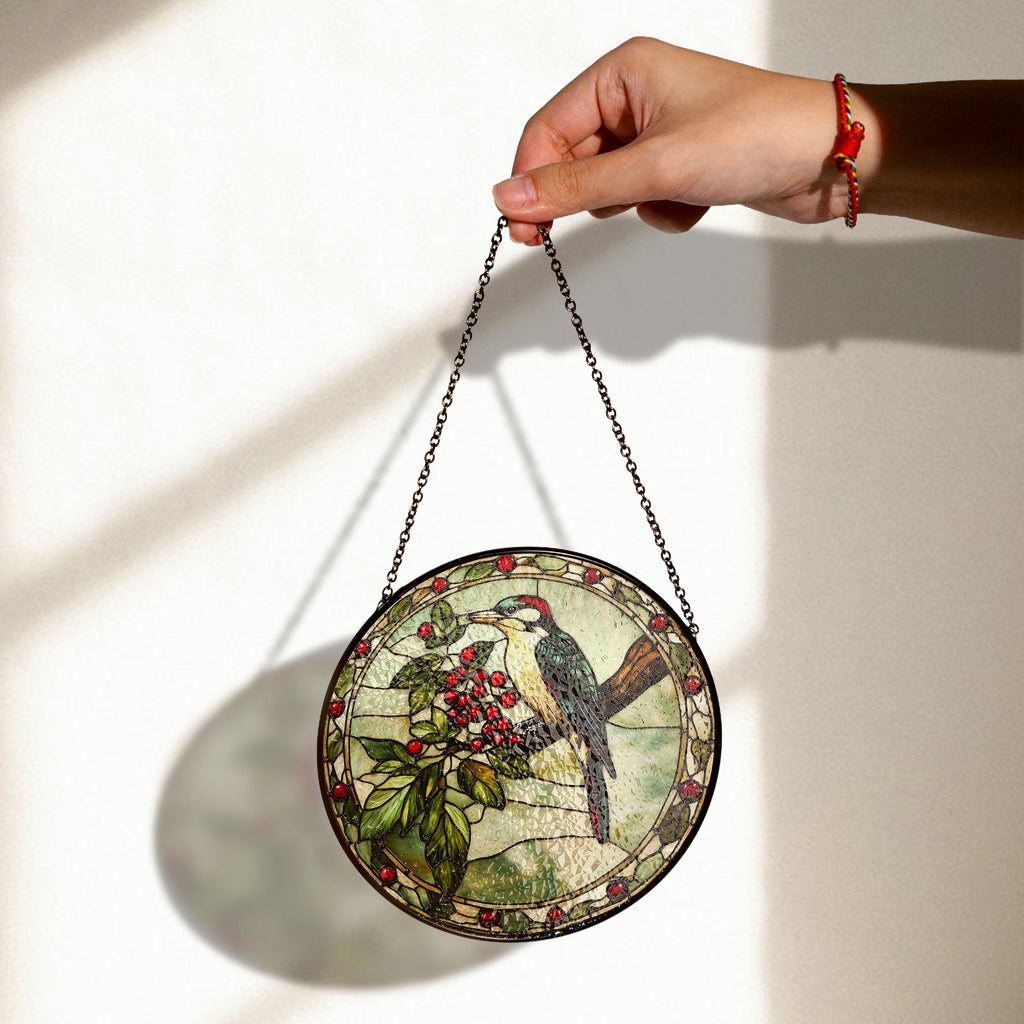 Stained Glass Woodpecker and Berry Branch Window Hanging, Elegant Nature-inspired Decor,Acrylic Boho Window Suncatcher, Stained Glass Look Panel, Artistic Light Catcher, Handmade Home Accent