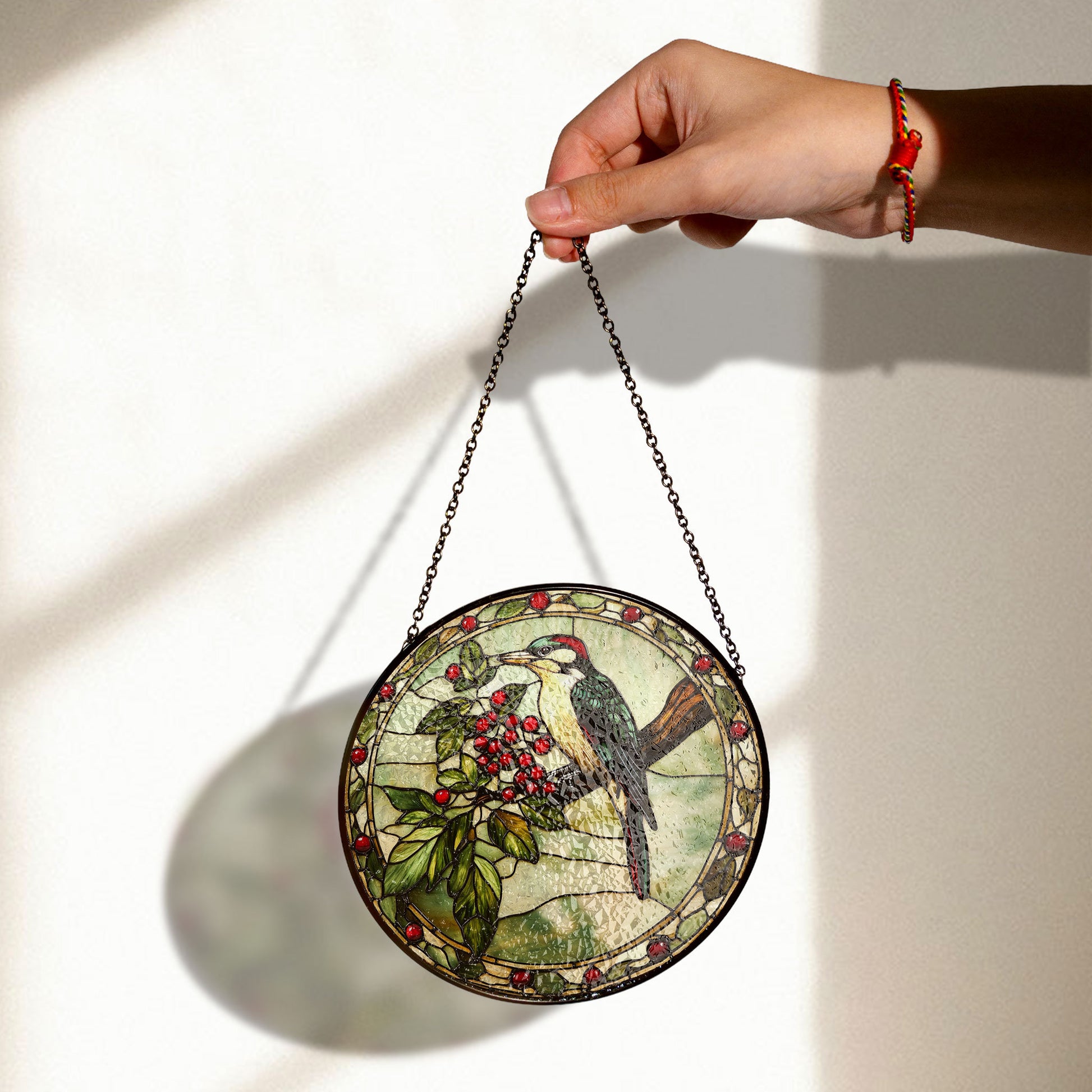 Stained Glass Woodpecker and Berry Branch Window Hanging, Elegant Nature-inspired Decor,Acrylic Boho Window Suncatcher, Stained Glass Look Panel, Artistic Light Catcher, Handmade Home Accent