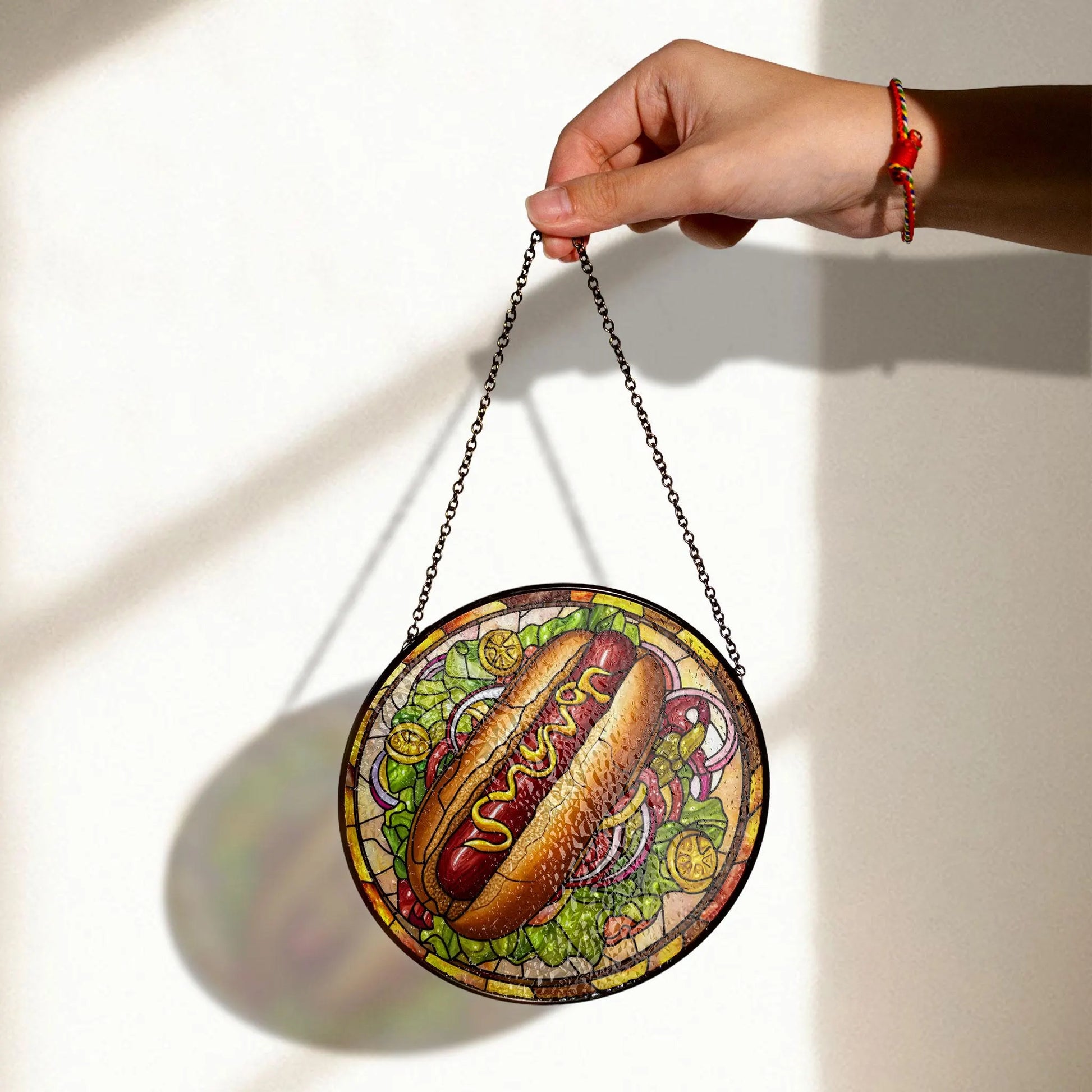 Hot Dog Stained Glass Suncatcher, Retro Diner Kitchen Decor, Fast Food Lover Gift, Vintage Foodie Window Hanging, Fun Mom Gift, Colorful Stained Glass Effect Suncatcher, Acrylic Window Hanging Art, Bright Home Accent, Gift for Home Lovers