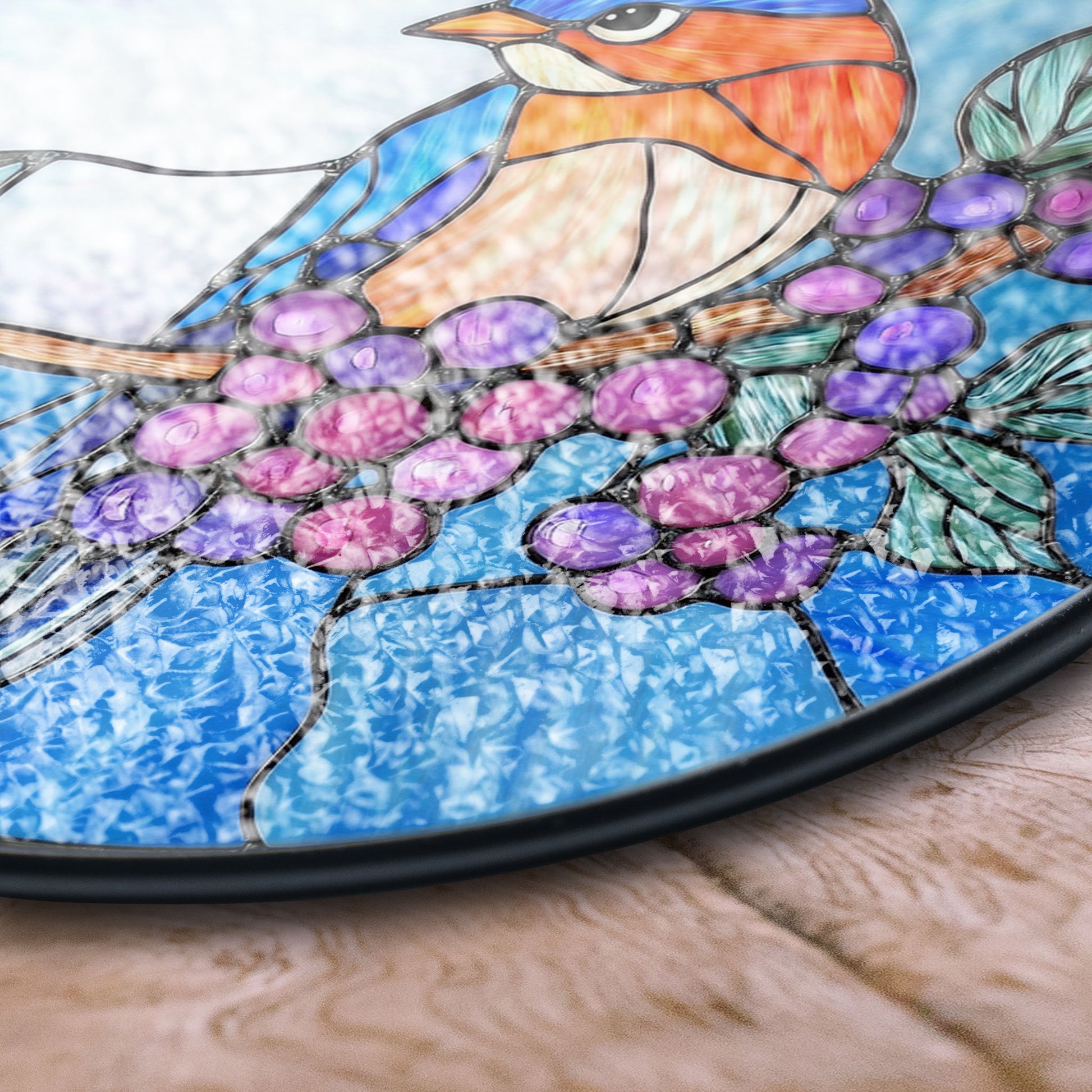 Stained Glass Bluebird and Berries Suncatcher – Nature-inspired Window Hanging Art With Vibrant Colors, Colorful Stained Glass Effect Suncatcher, Acrylic Window Hanging Art, Bright Home Accent, Gift for Home Lovers