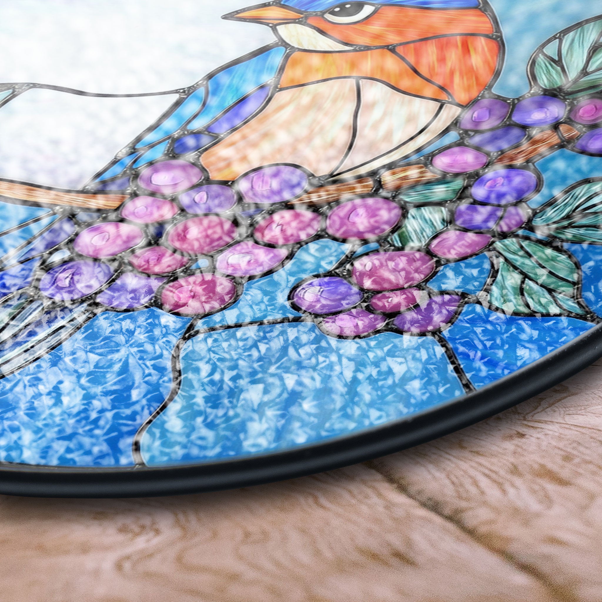 Stained Glass Bluebird and Berries Suncatcher – Nature-inspired Window Hanging Art With Vibrant Colors, Colorful Stained Glass Effect Suncatcher, Acrylic Window Hanging Art, Bright Home Accent, Gift for Home Lovers