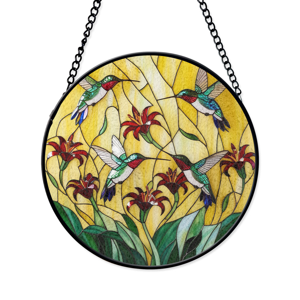Stained Glass Hummingbird Suncatcher With Red Lilies - Elegant Window Hanging Art Decor, Stained Glass Style Window Decor, Acrylic Hanging Suncatcher, Sunlit Light Catcher, Unique Artisan Gift