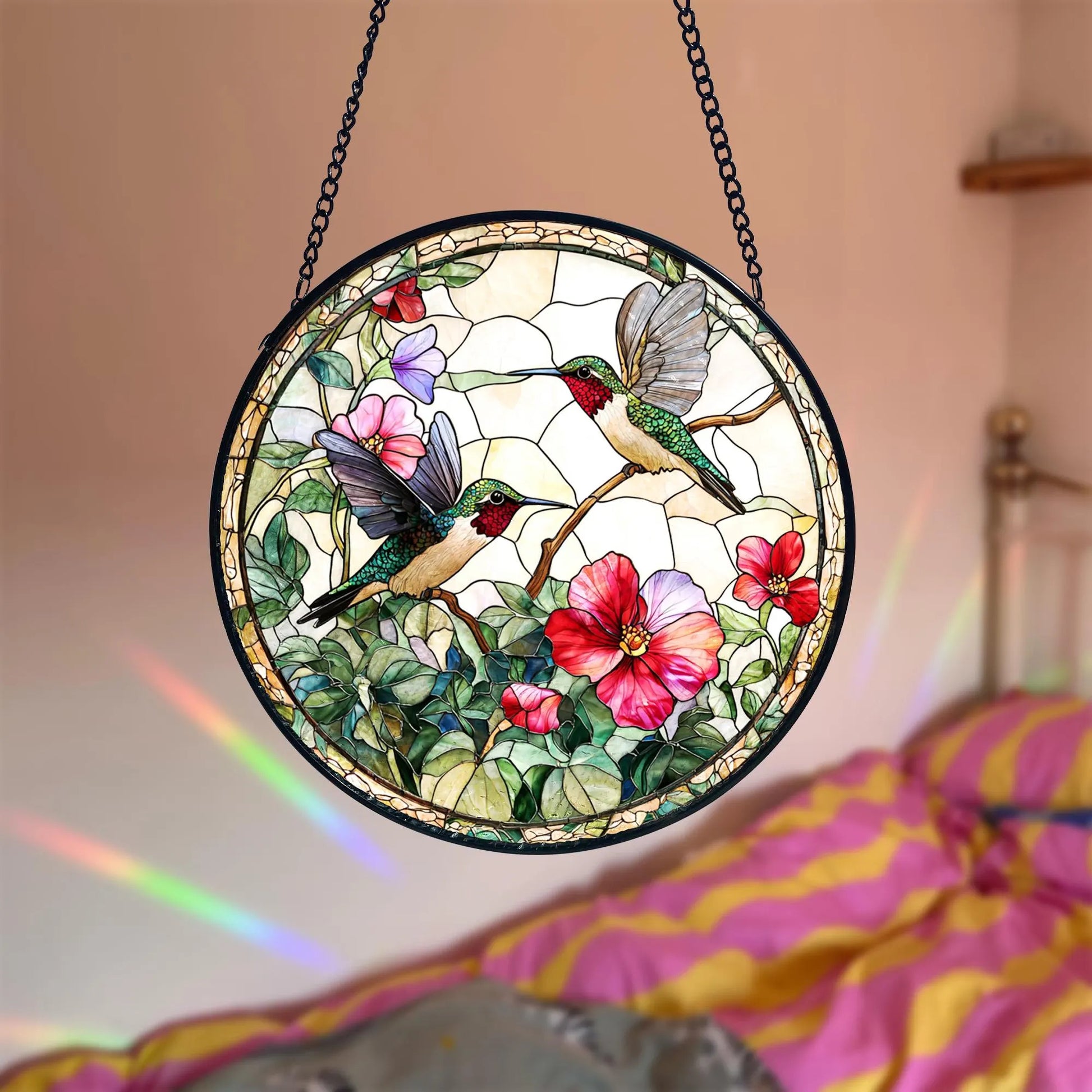Hummingbird Stained Glass Suncatcher_ Wildflower Window Hanging, Acrylic Stained Glass Window Art, Handmade Sun Catcher Hanging Decor, Colorful Light Reflecting Panel, Unique Gift for Home