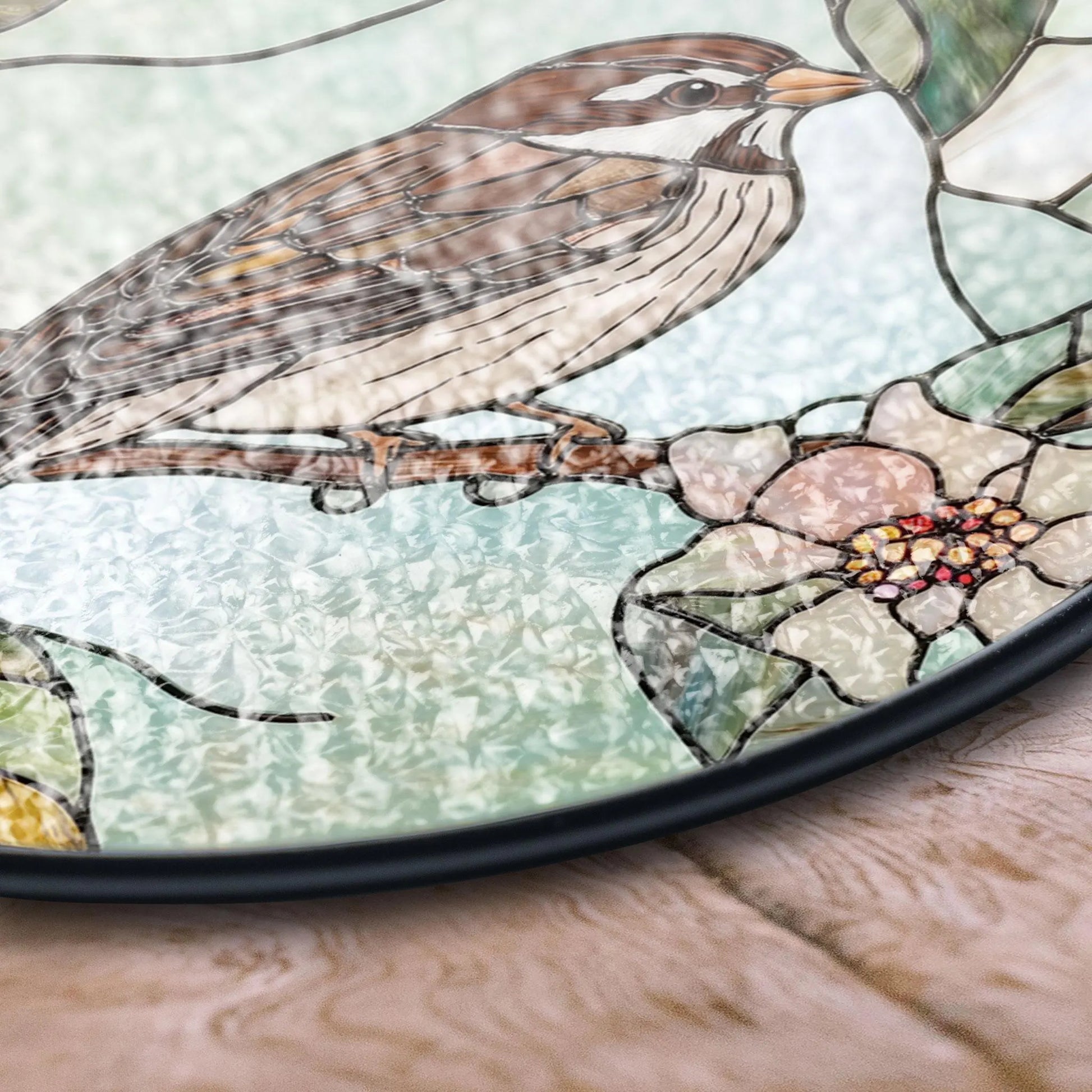 Charming Sparrow Round Glass Panel With Floral Design - Perfect Window or Wall Accent for Nature Lovers, Acrylic Light Catcher Window Hanging, Stained Glass Style Ornament, Artistic Home Decor Gift