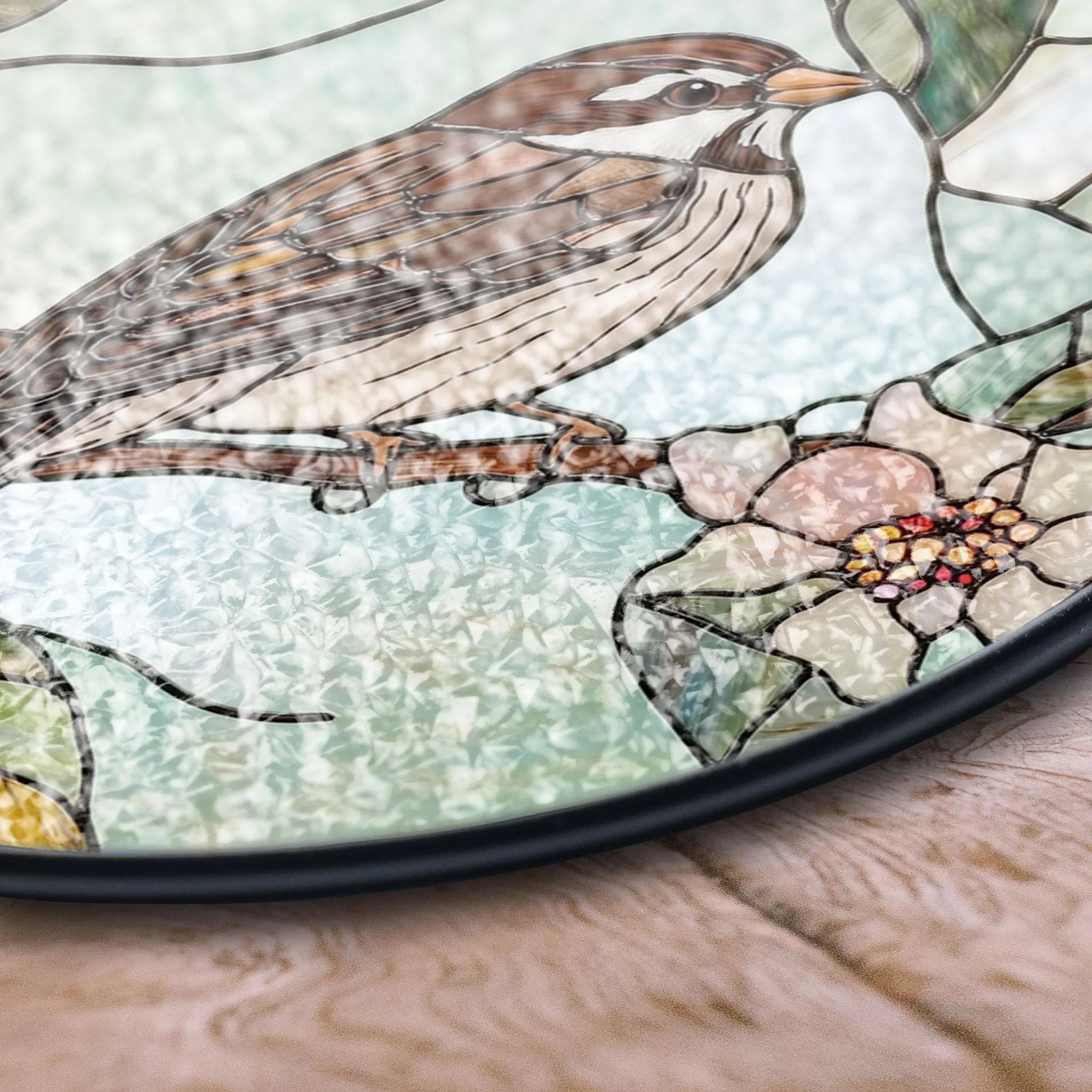 Charming Sparrow Round Glass Panel With Floral Design - Perfect Window or Wall Accent for Nature Lovers, Acrylic Light Catcher Window Hanging, Stained Glass Style Ornament, Artistic Home Decor Gift