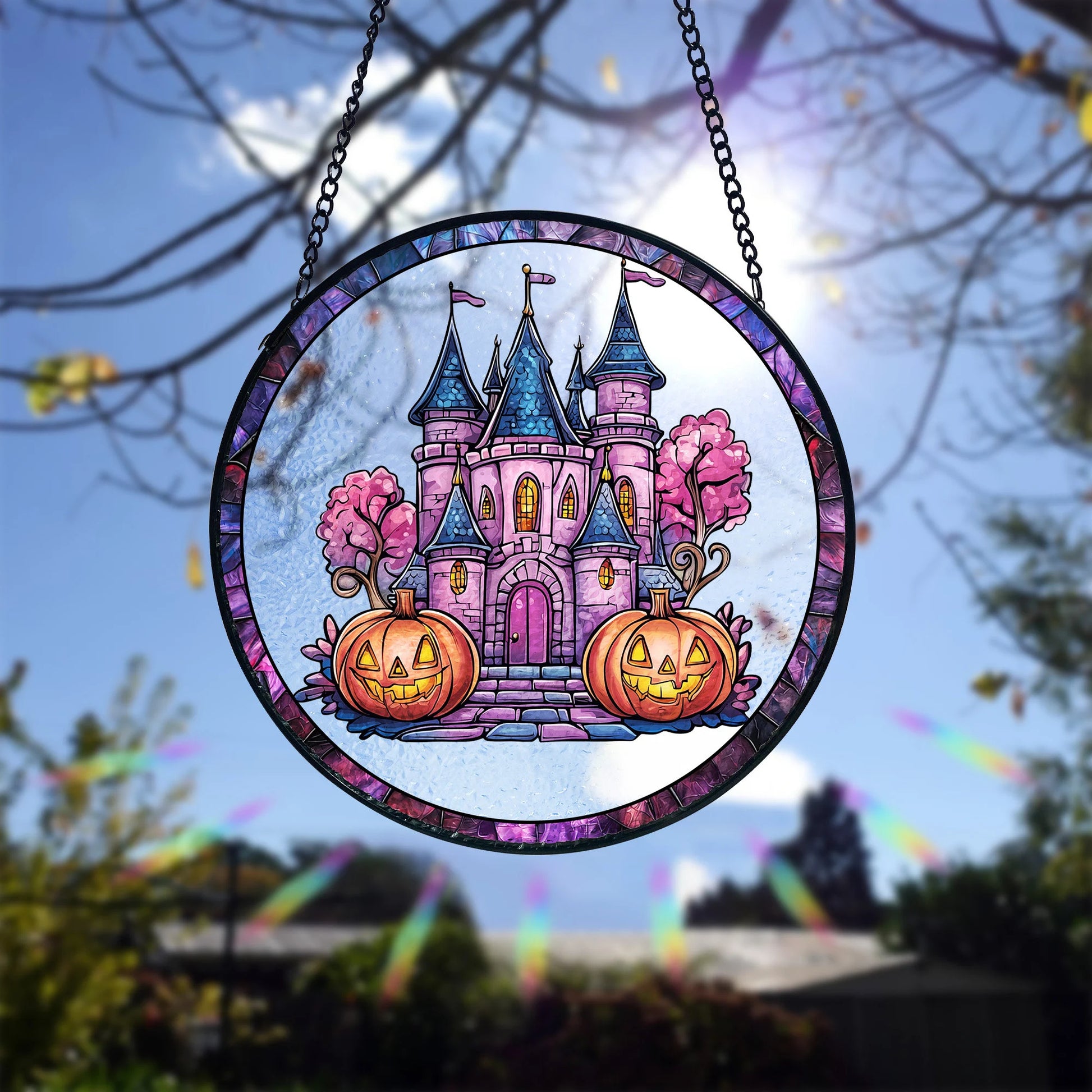 Pink Halloween Stained Glass Suncatcher, Castle Pumpkin Window Hanging, Artistic Stained Glass Acrylic Panel, Window Light Catcher Hanging, Colorful Home Decor Accent, Handmade Gift for Any Occasion