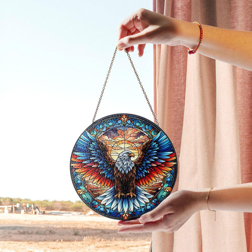 Bald Eagle Stained Glass Suncatcher, Patriotic Window Decor, Independence Day Style, Gift for Dad, Veterans, Freedom Lovers, Stained Glass Style Window Decor, Acrylic Hanging Suncatcher, Sunlit Light Catcher, Unique Artisan Gift