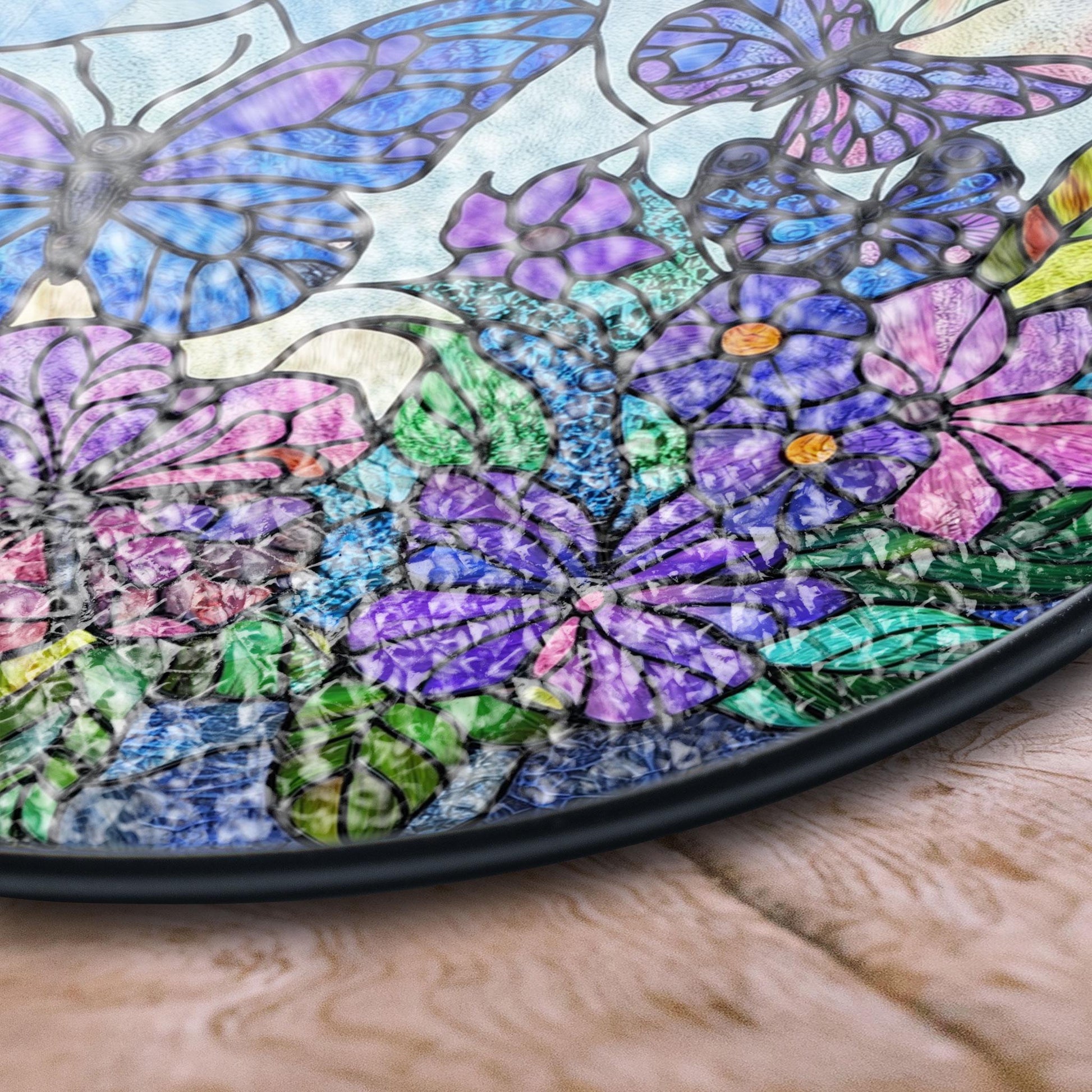 Butterfly and Flower Stained Glass Panel, Vibrant Round Window Decor, Handmade Acrylic Suncatcher Window Hanging, Stained Glass Look Decor, Colorful Light Catcher, Unique Home Gift