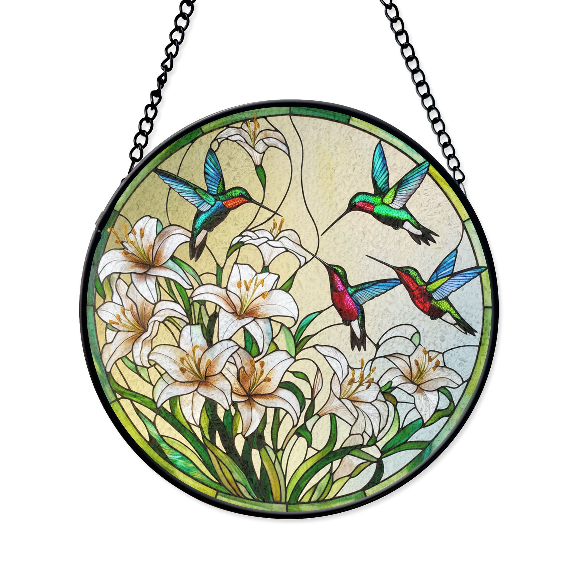 Stained Glass Hummingbird and White Lily Suncatcher - Elegant Window Hanging for Home and Garden Decor, Acrylic Hanging Sun Catcher for Windows, Stained Glass Look Decor, Artistic Home Accent