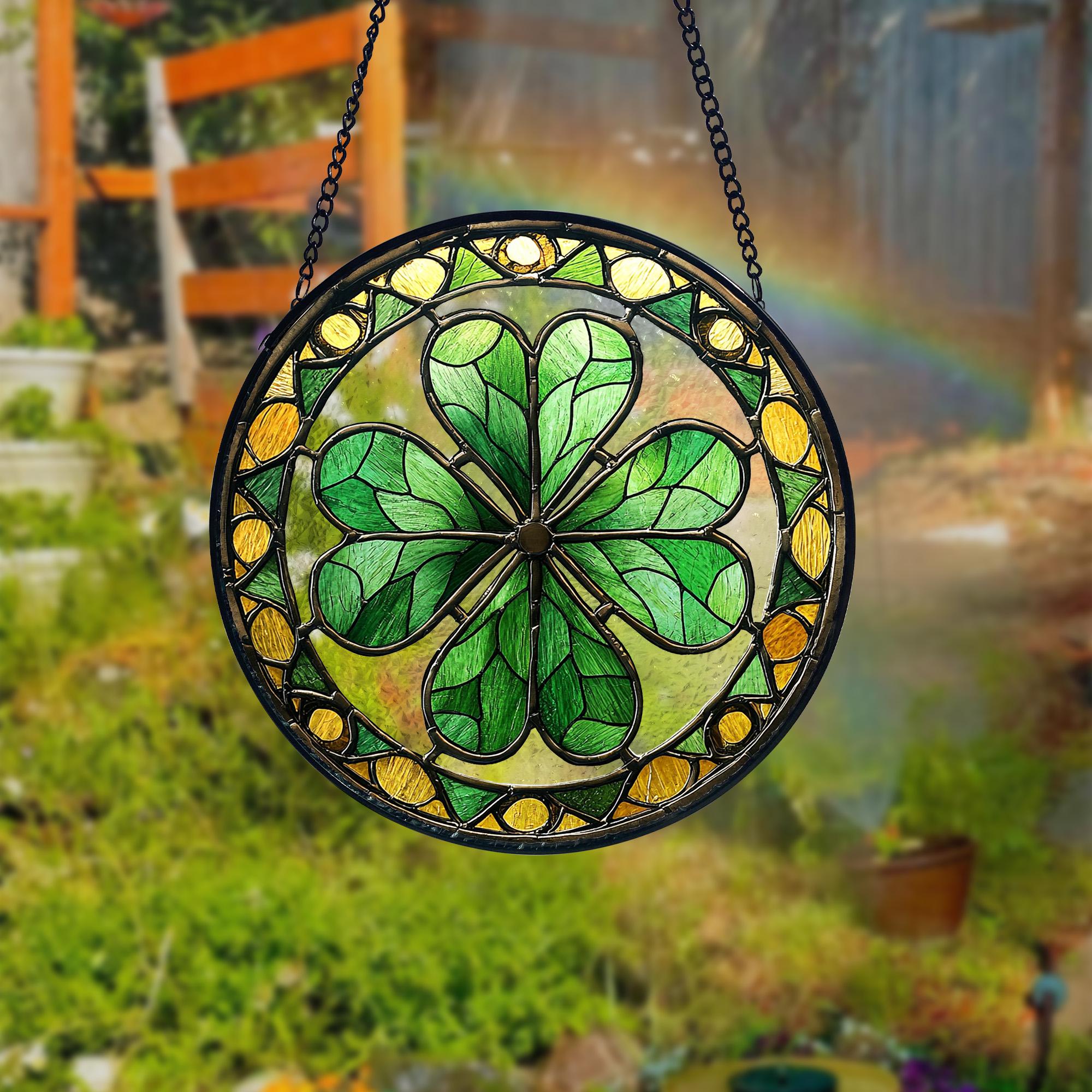 Shamrock Stained Glass Suncatcher_ Irish Ornament, St. Patrick's Day Decor, Artistic Stained Glass Acrylic Panel, Window Light Catcher Hanging, Colorful Home Decor Accent, Handmade Gift for Any Occasion