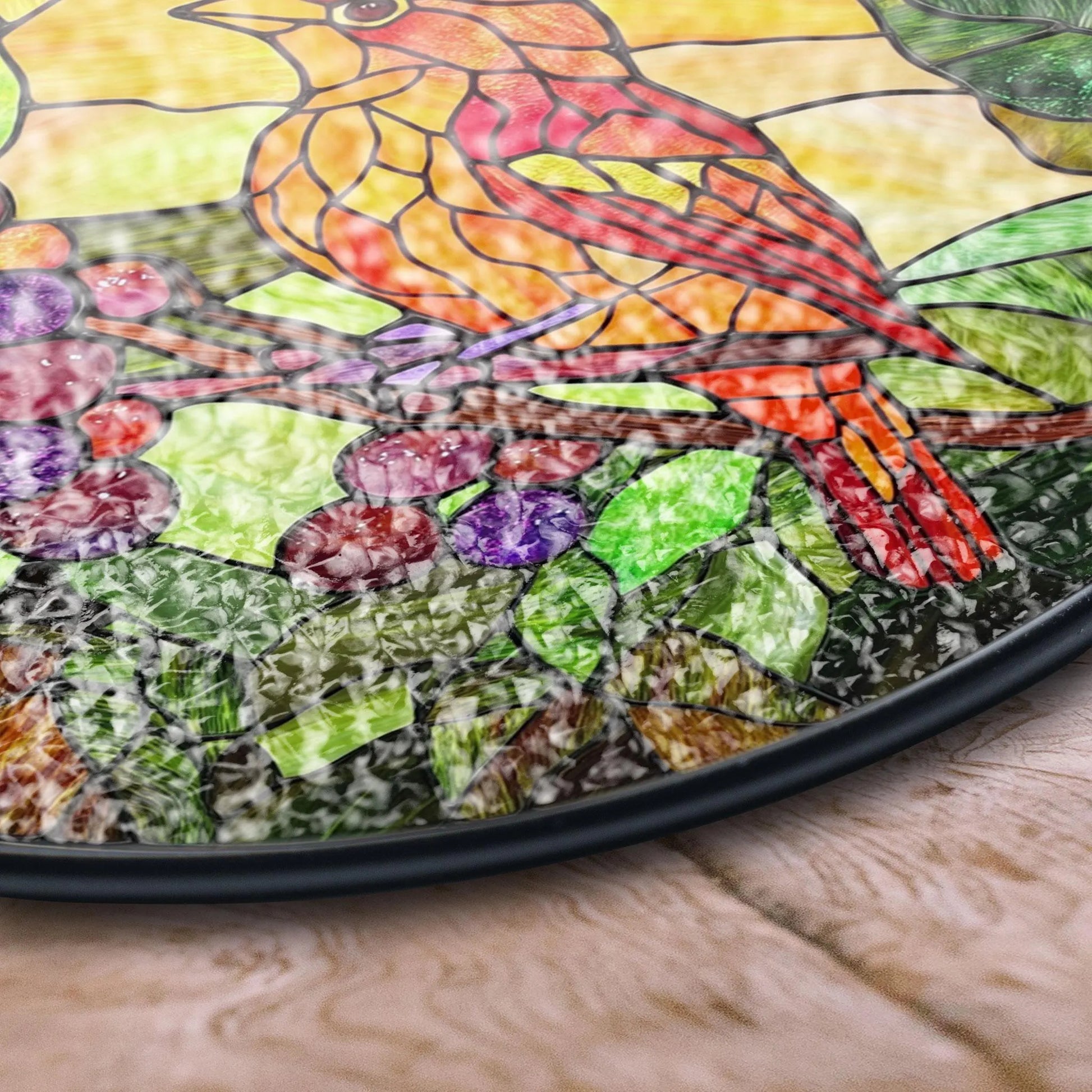 Vibrant Bird and Berry Stained Glass Design - Nature-inspired Circular Window Hanging, Acrylic Light Catcher Window Hanging, Stained Glass Style Ornament, Artistic Home Decor Gift