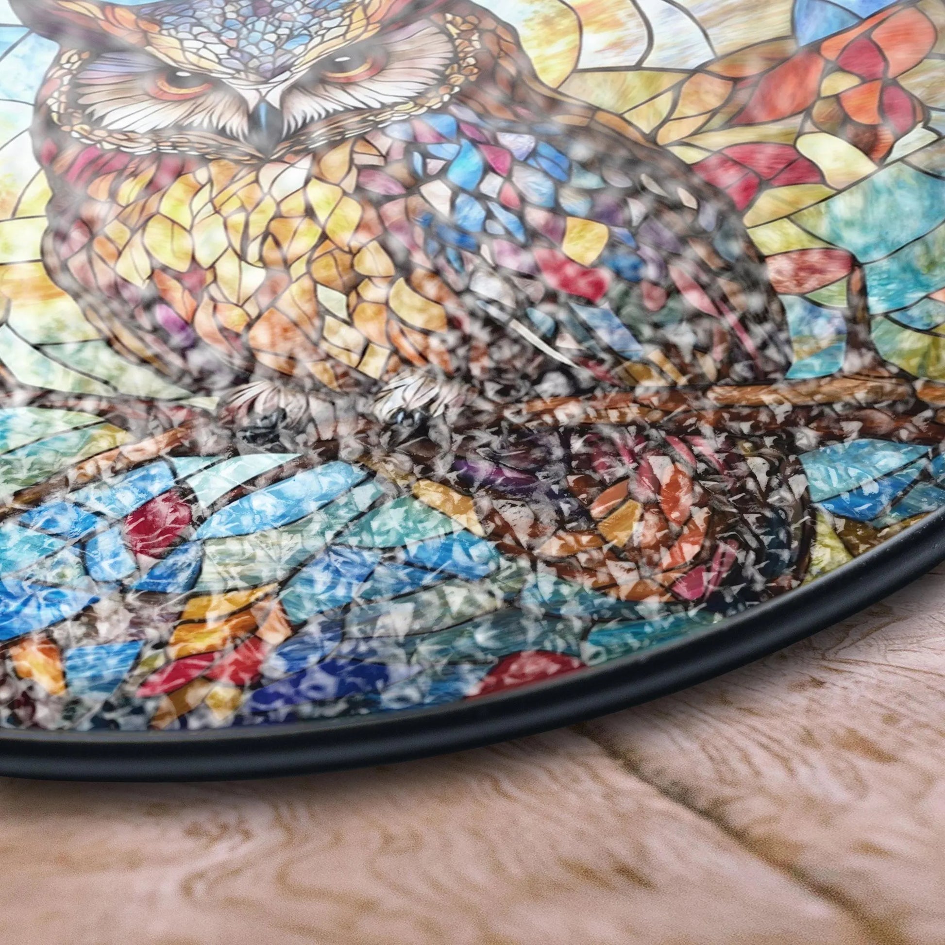 Majestic Stained Glass Owl Panel - Colorful Owl Design With Autumn Leaves, Acrylic Stained Glass Inspired Suncatcher, Decorative Window Hanging, Artistic Home Decoration