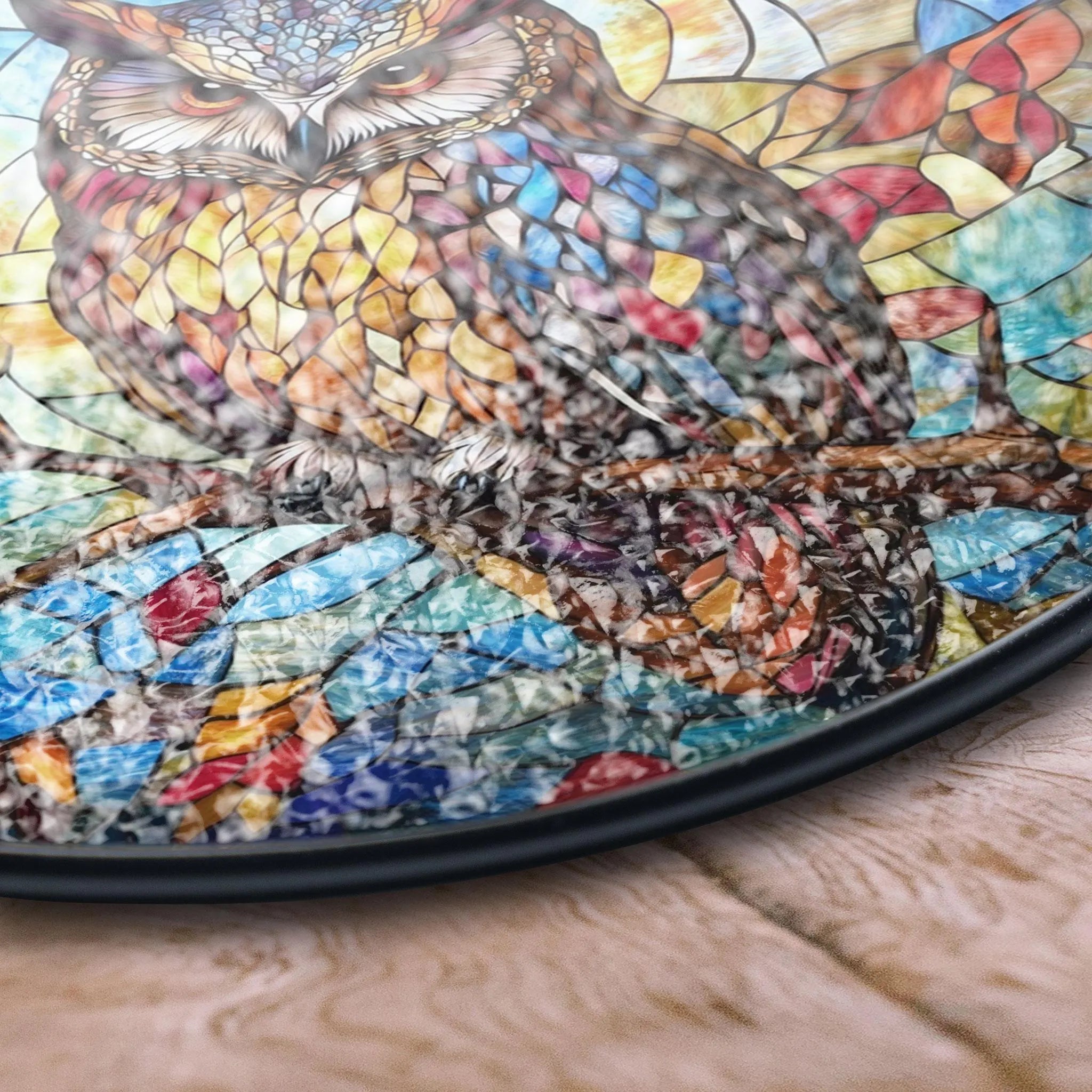 Majestic Stained Glass Owl Panel - Colorful Owl Design With Autumn Leaves, Acrylic Stained Glass Inspired Suncatcher, Decorative Window Hanging, Artistic Home Decoration