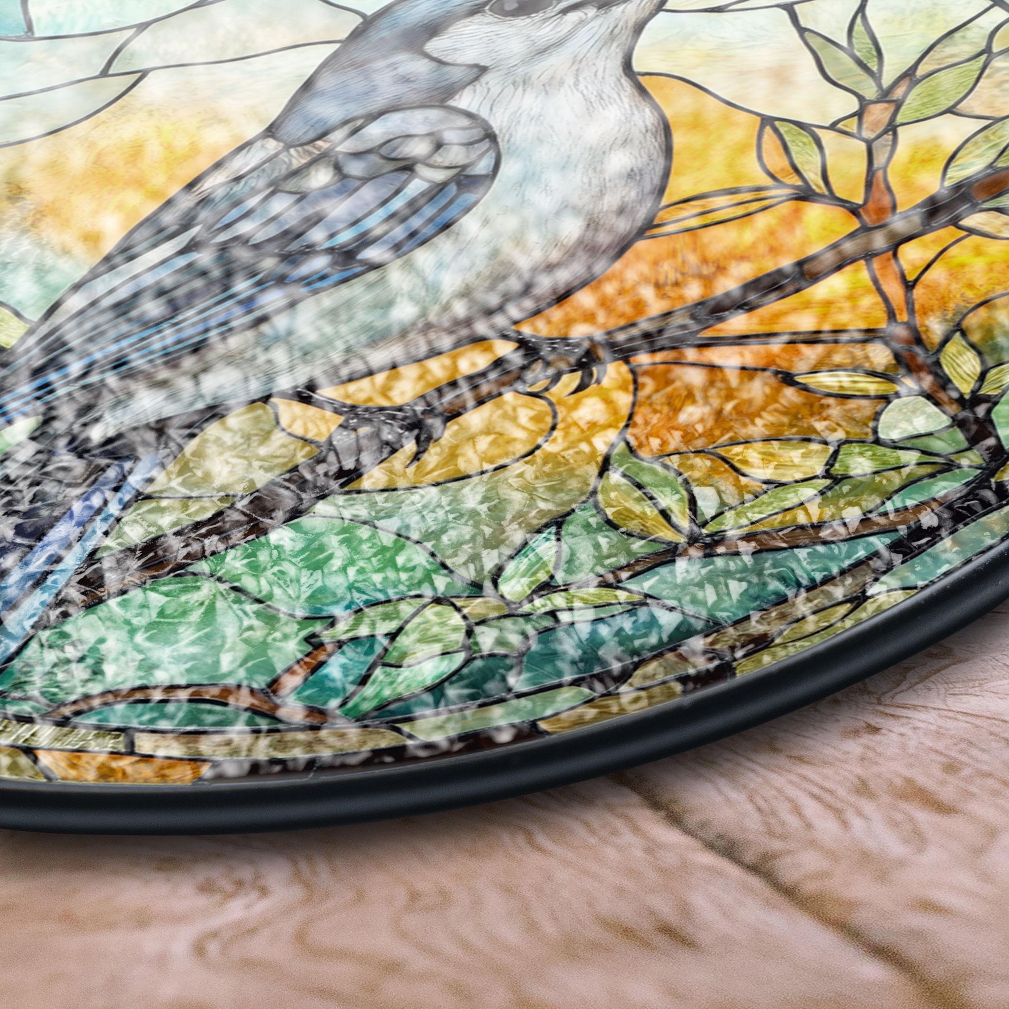 Mockingbird Stained Glass Window Panel With Vibrant Yellow and Green Background, Perfect Nature-inspired Home Decor or Gift , Colorful Acrylic Light Catcher, Stained Glass Effect Suncatcher, Handmade Window Decoration Gift