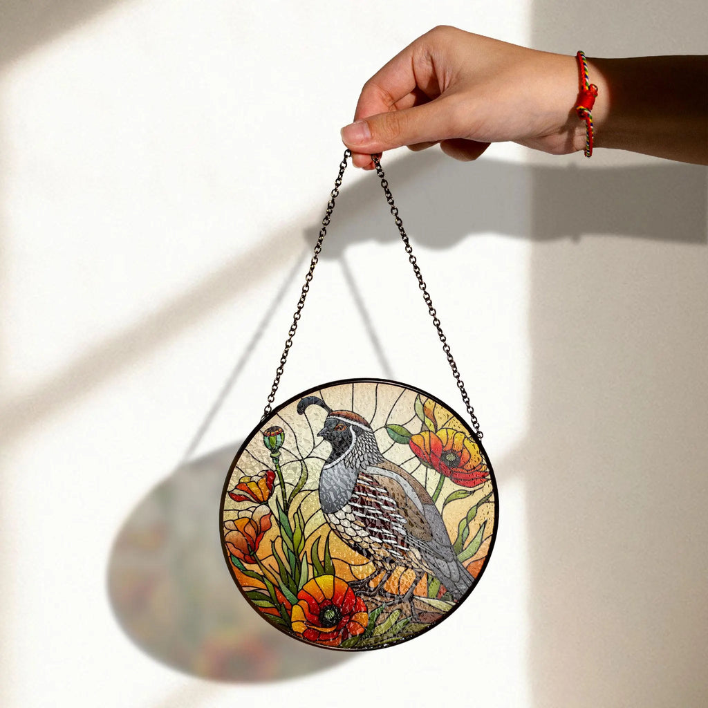 California Quail Stained Glass Suncatcher, Poppy Flower Window Decor, Wild Bird Nature Theme, Nature Lover Gift, Home Accent Gift Idea,Acrylic Light Catcher Window Hanging, Stained Glass Style Ornament, Artistic Home Decor Gift