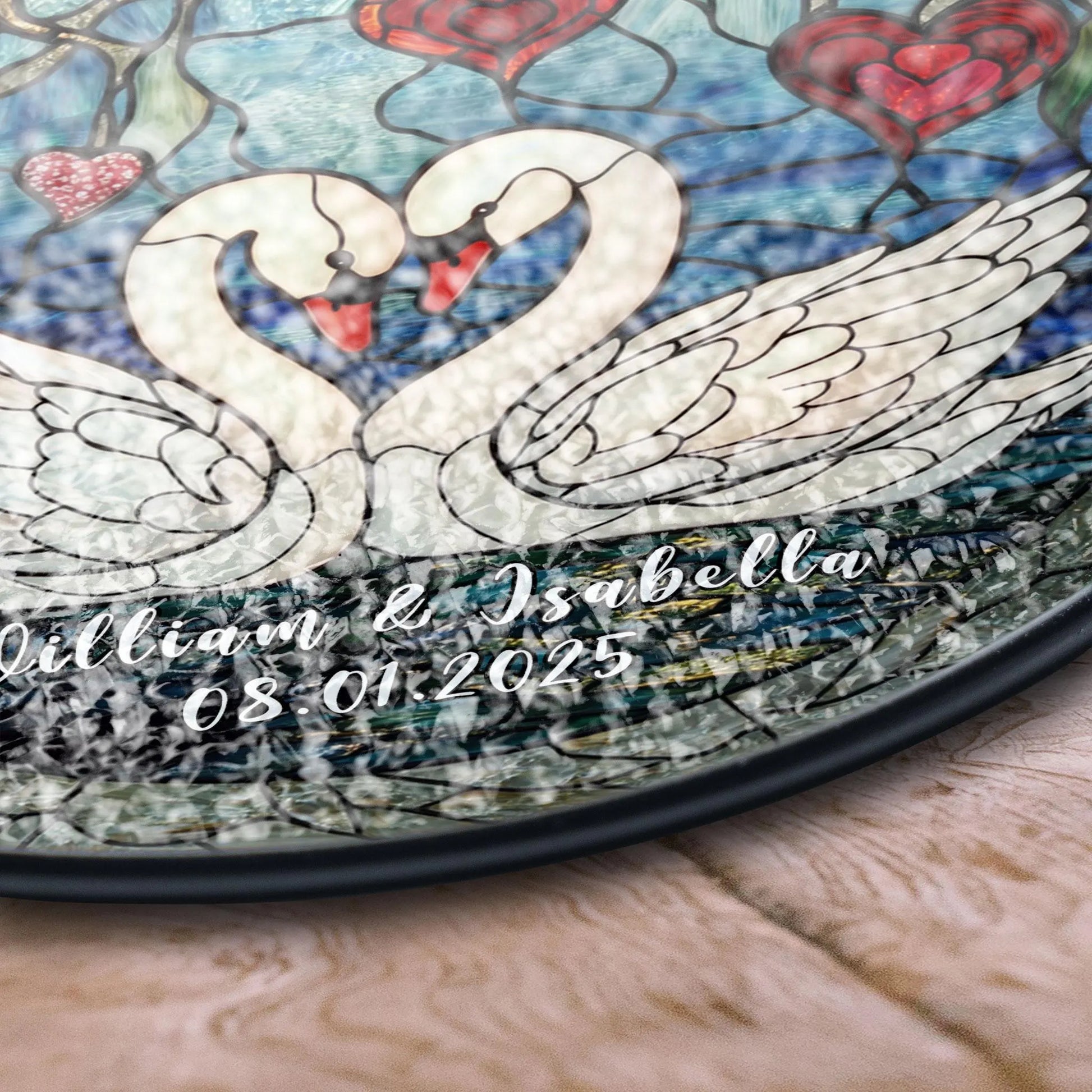 Elegant Swan Couple Stained Glass Panel With Personalized Names and Heart Design, Perfect Valentine's Day, Wedding, or Anniversary Gift, Acrylic Stained Glass Decoration, Handmade Window Suncatcher Ornament, Boho Light Catcher Gift