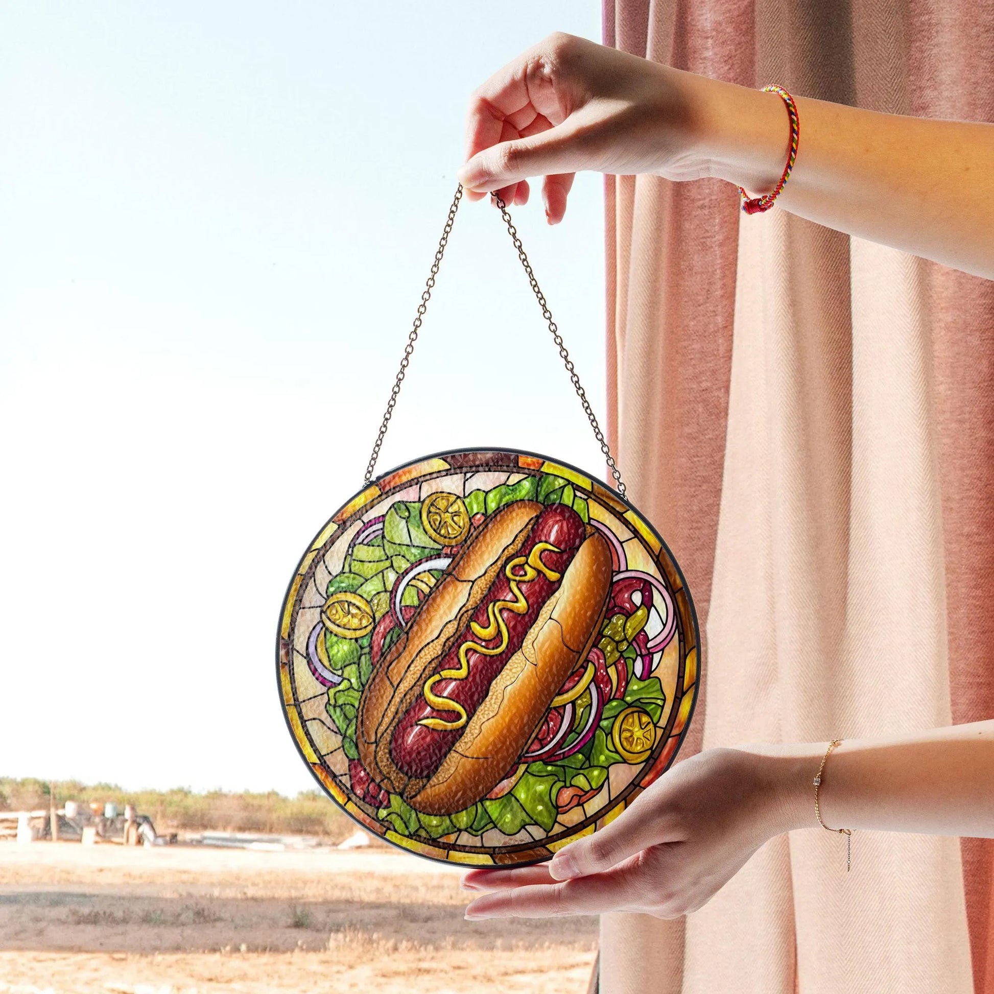 Hot Dog Stained Glass Suncatcher, Retro Diner Kitchen Decor, Fast Food Lover Gift, Vintage Foodie Window Hanging, Fun Mom Gift, Colorful Stained Glass Effect Suncatcher, Acrylic Window Hanging Art, Bright Home Accent, Gift for Home Lovers