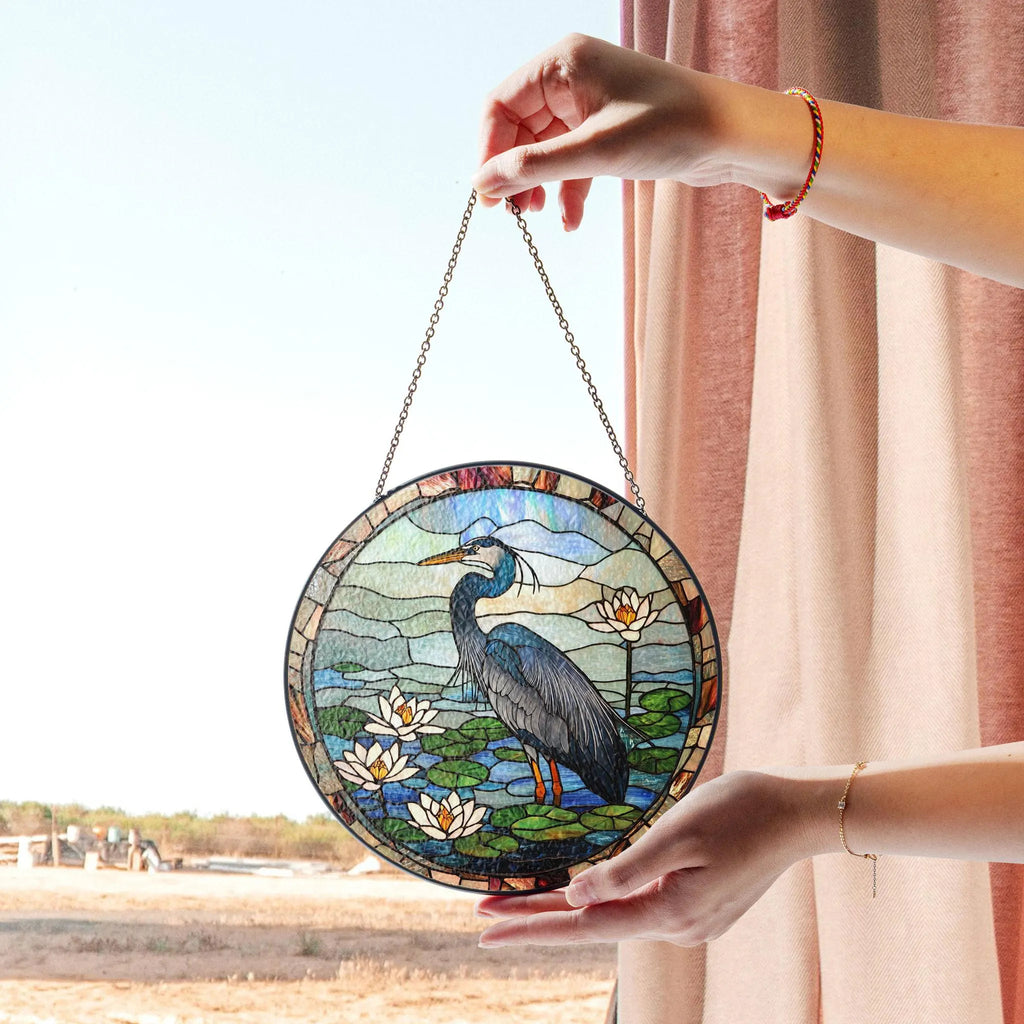 Heron Stained Glass Suncatcher, Water Lily Pond Decor, Nature Bird Art, Wildlife Lover Gift Idea, Gift for Mom, Bird Lover Gift, Stained Glass Style Acrylic Window Ornament, Decorative Sun Catcher Hanging, Unique Home Decor
