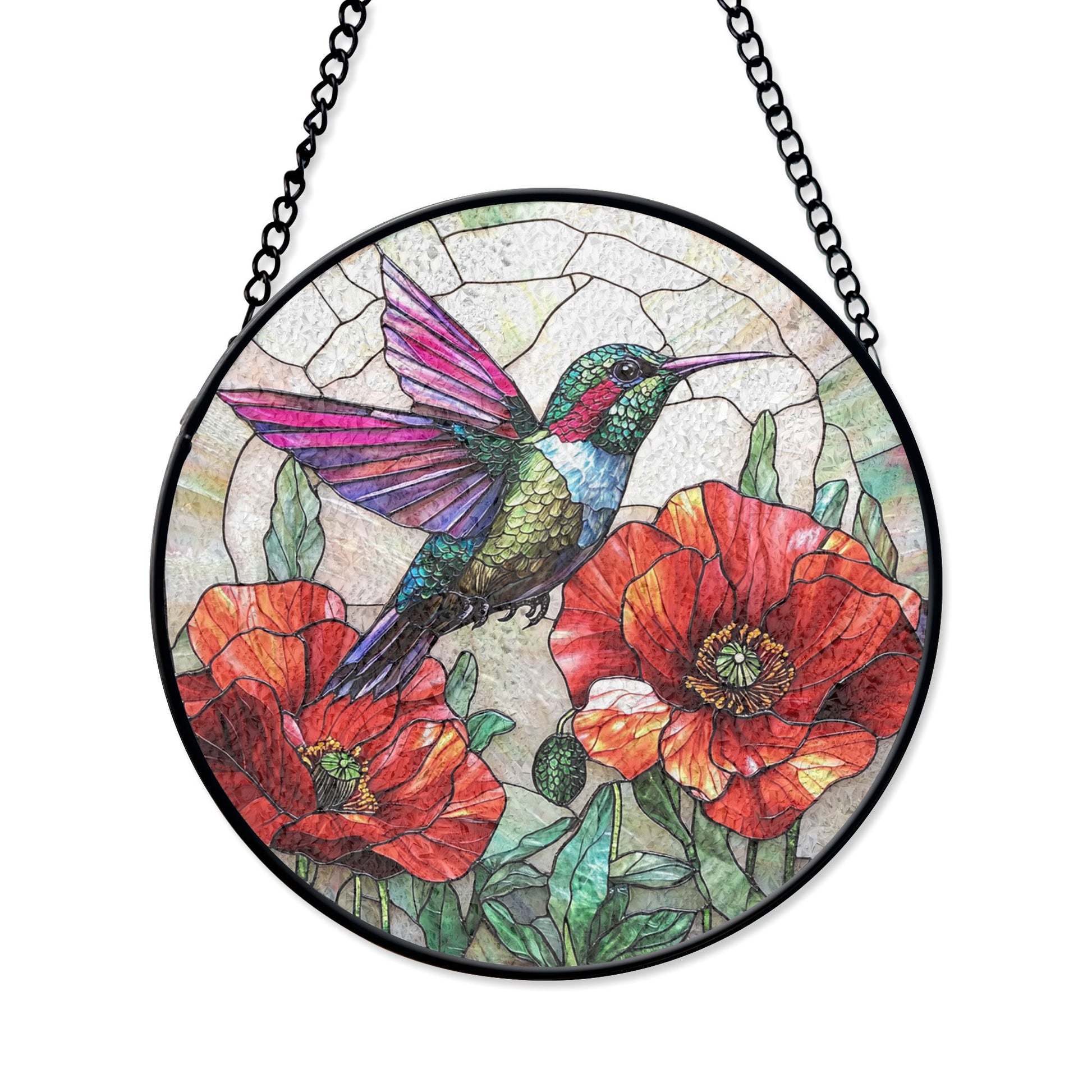 Hummingbird Stained Glass Suncatcher, Poppy Flower Glass Art, Unique Window Hanging, Bird Lover Gift, Hummingbird Wall Decor for Home , Vibrant Acrylic Sun Catcher Hanging, Stained Glass Look Window Decor, Decorative Home Accent Gift