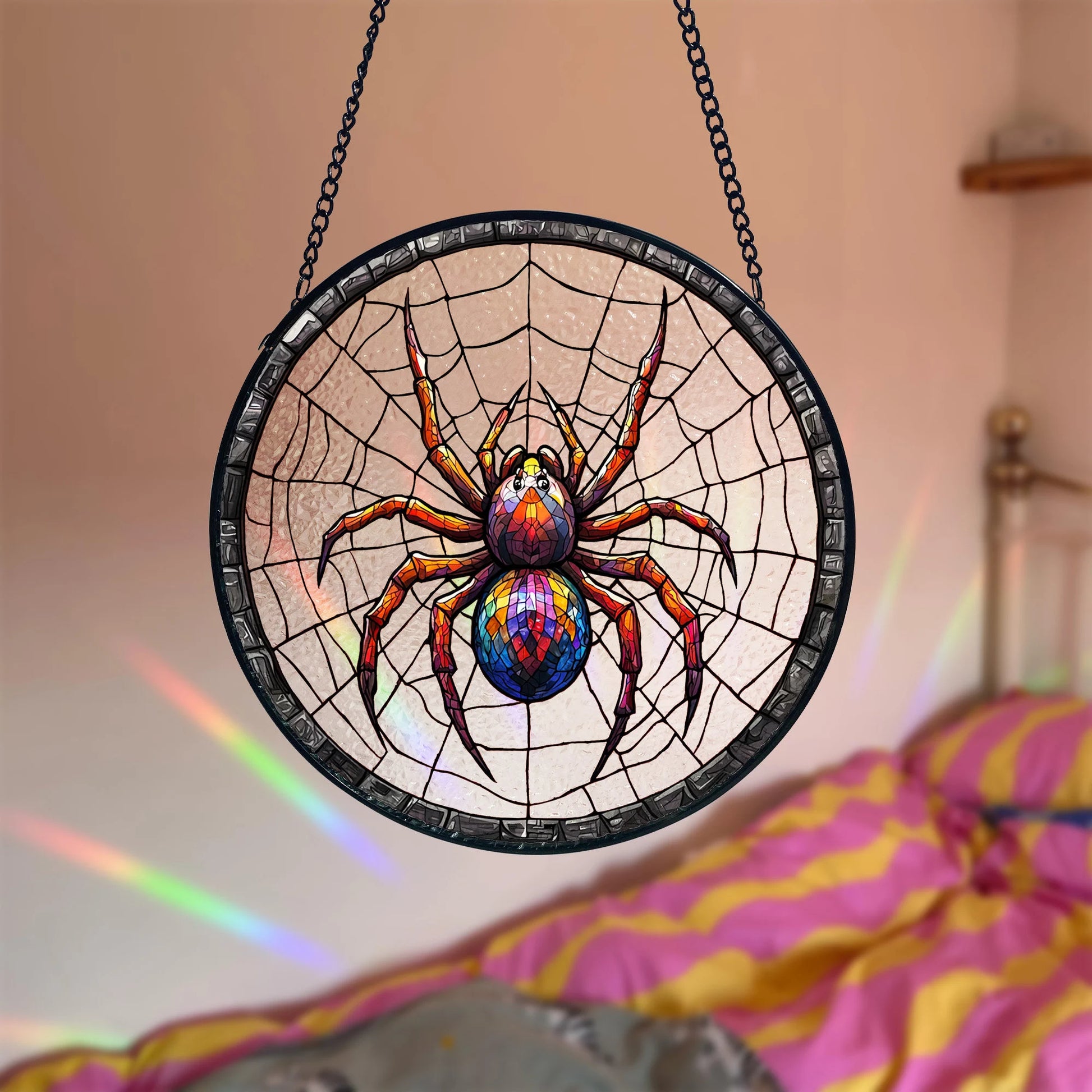 Stained Glass Spider Suncatcher_ Halloween Window Decoration, Stained Glass Style Clover Window Suncatcher, Acrylic Lucky Hanging Decor, Four Leaf Sun Catcher, Green Home Ornament