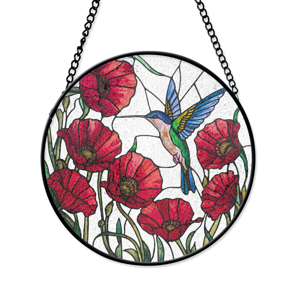 Vibrant Hummingbird & Red Poppy Stained Glass Suncatcher - Beauty Nature Window Art, Acrylic Stained Glass Decoration, Handmade Window Suncatcher Ornament, Boho Light Catcher Gift