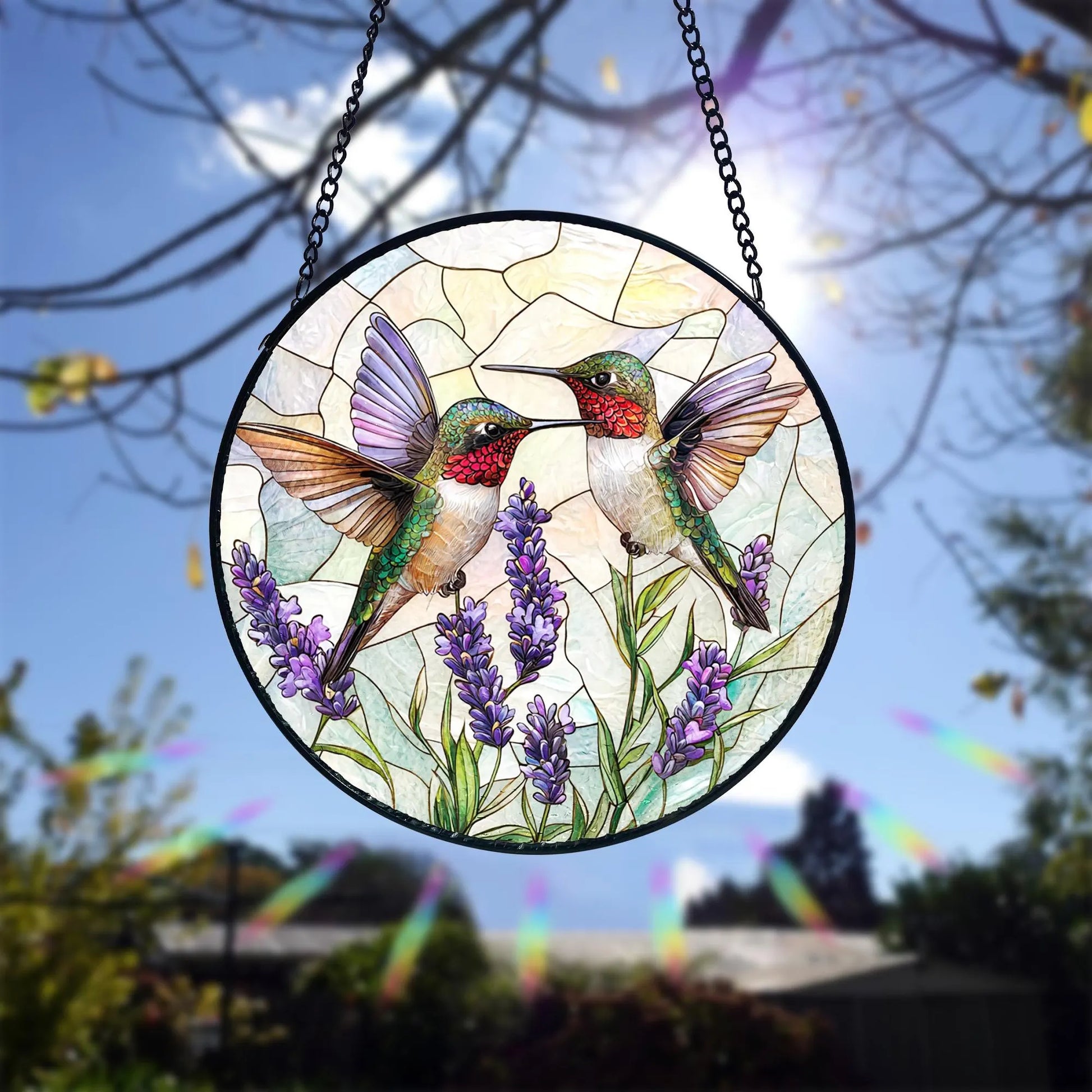 Hummingbird & Lavender Stained Glass Suncatcher_ Handmade Window Hanging, Acrylic Stained Glass Window Art, Handmade Sun Catcher Hanging Decor, Colorful Light Reflecting Panel, Unique Gift for Home