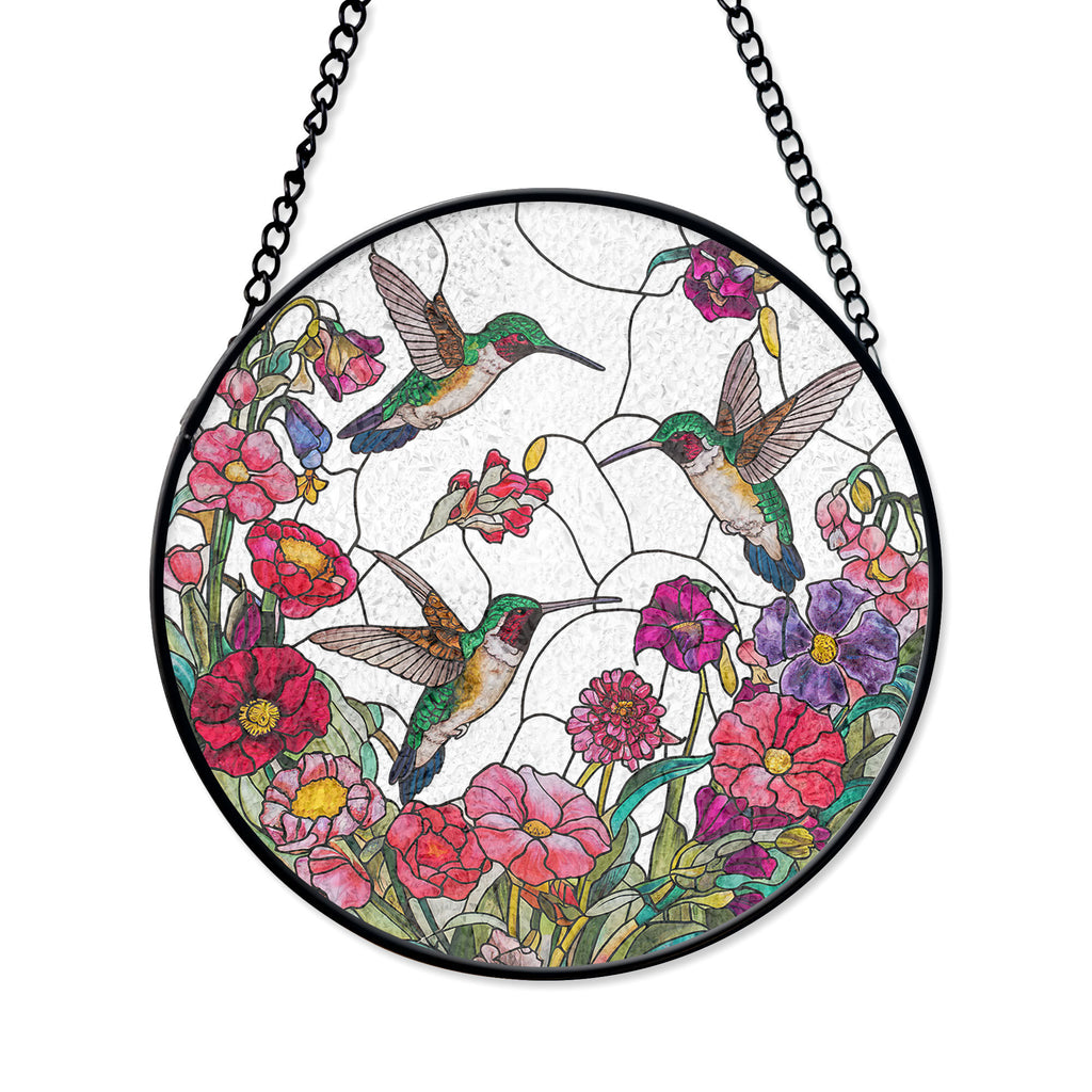 Beauty Hummingbirds & Wildflowers Stained Glass Suncatcher - Nature-inspired Window Art, Colorful Stained Glass Effect Suncatcher, Acrylic Window Hanging Art, Bright Home Accent, Gift for Home Lovers
