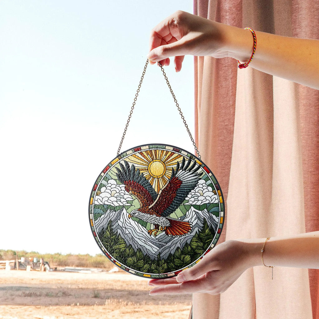 Red-tailed Hawk Stained Glass Suncatcher, Mountain Scene Wall Decor, Rustic Wildlife Style, Nature Lover Gift, Home Accent, Acrylic Stained Glass Inspired Suncatcher, Decorative Window Hanging, Artistic Home Decoration