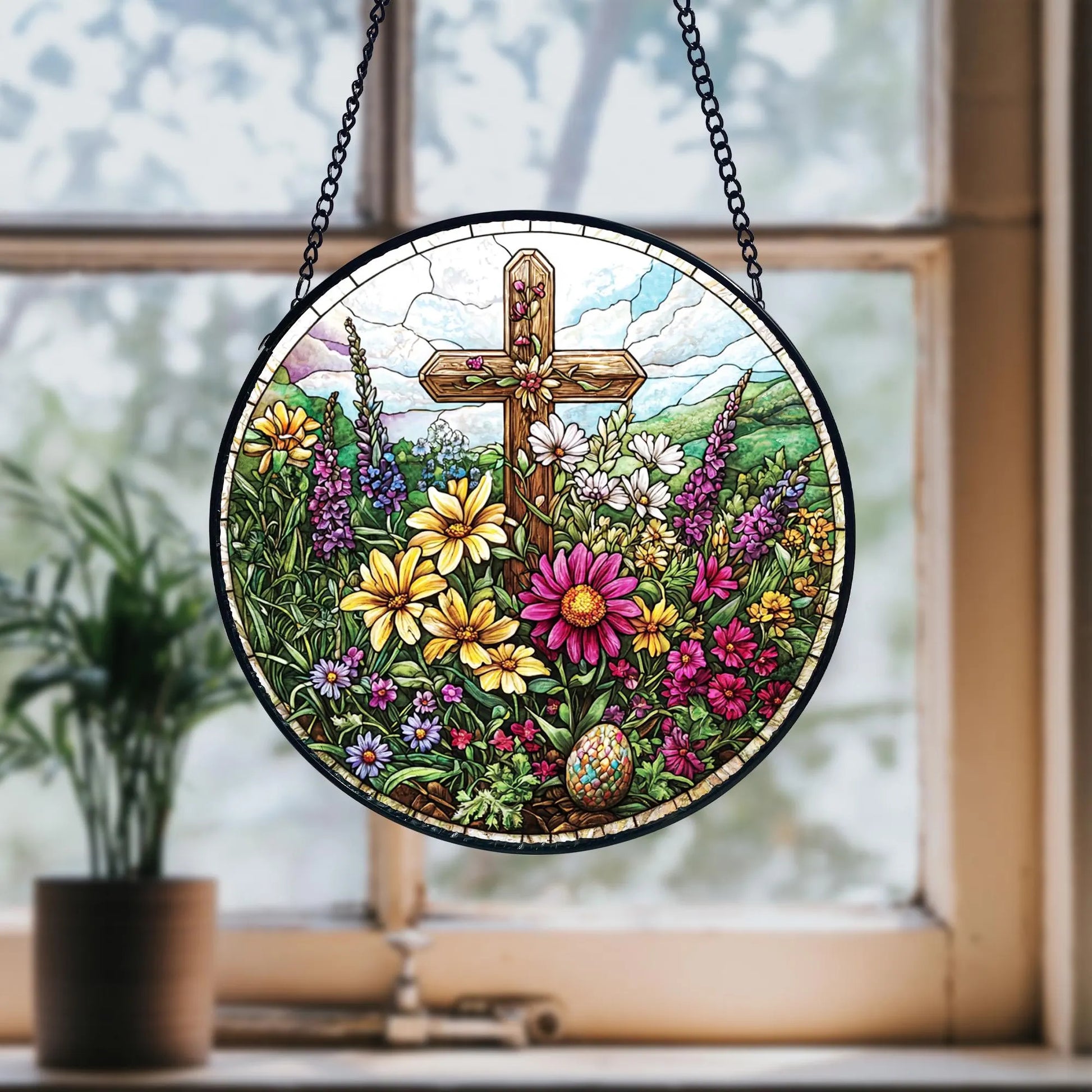 Handmade Easter Cross Stained Glass Suncatcher_ Floral Christian Decor, Stained Glass Suncatcher Window Hanging, Handmade Glass Art Decor, Colorful Sun Catcher Ornament, Boho Window Decoration, Unique Gift