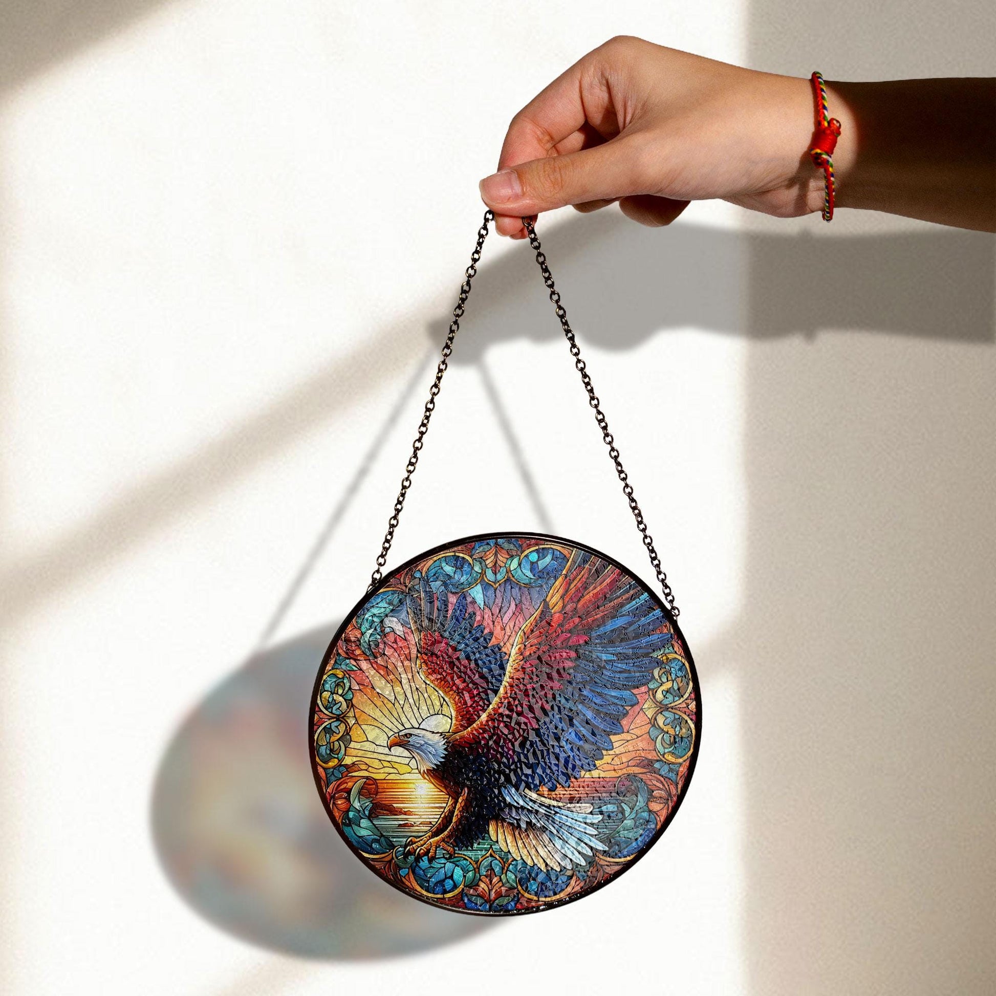 Bald Eagle Stained Glass Suncatcher, Vibrant Patriotic Decor, Independence Day Style, Dad Home Accent, Father’s Day Gift, Stained Glass Style Window Decor, Acrylic Hanging Suncatcher, Sunlit Light Catcher, Unique Artisan Gift