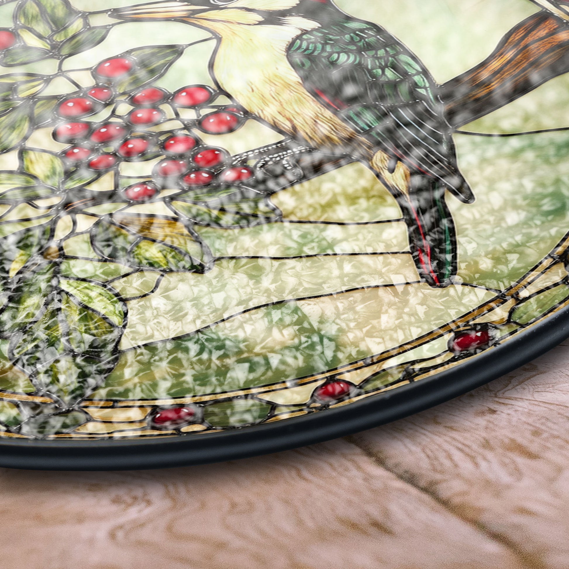 Stained Glass Woodpecker and Berry Branch Window Hanging, Elegant Nature-inspired Decor,Acrylic Boho Window Suncatcher, Stained Glass Look Panel, Artistic Light Catcher, Handmade Home Accent