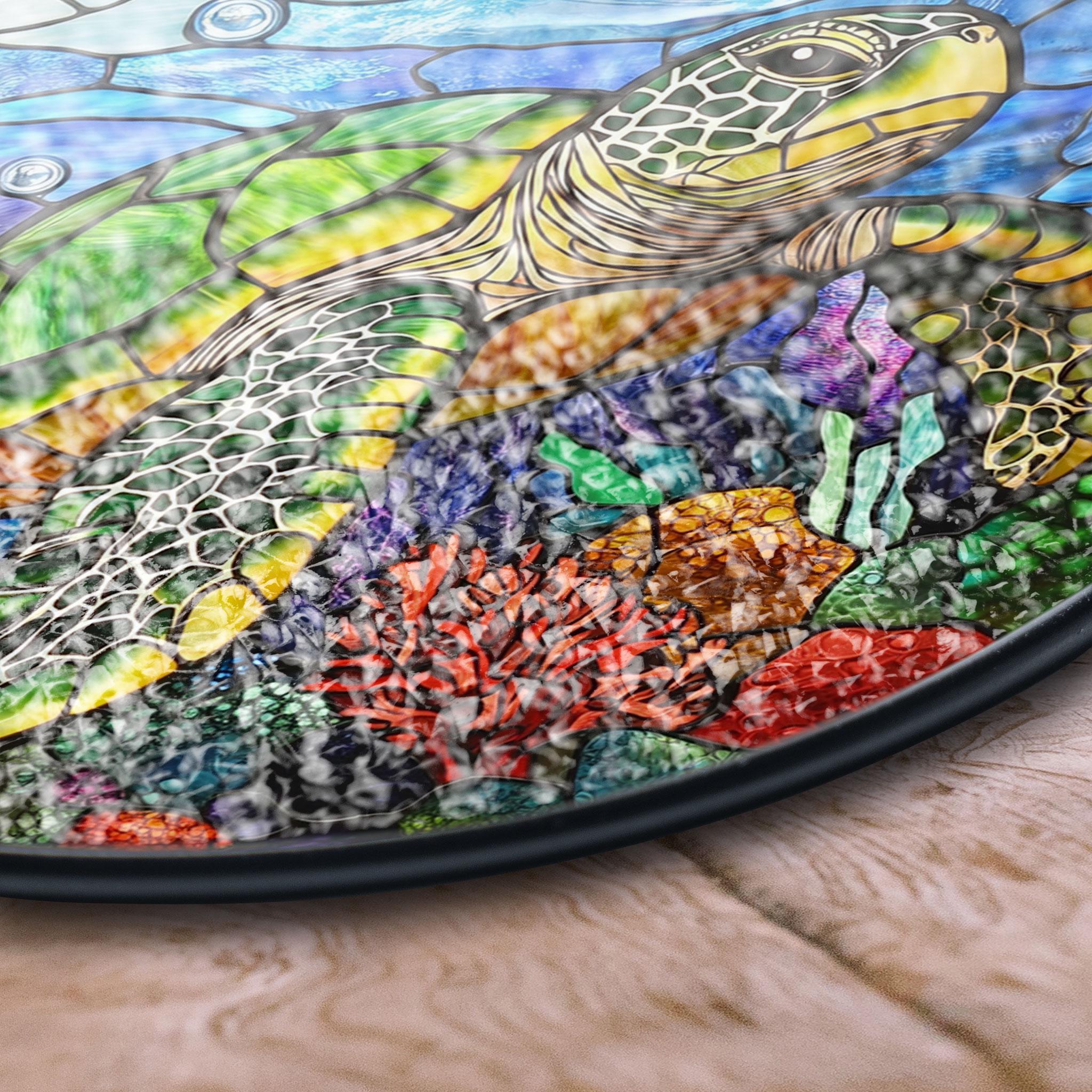Sea Turtle Stained Glass Panel - Vibrant Underwater Coral Reef Design Circular Window Hanging, Acrylic Stained Glass Inspired Suncatcher, Decorative Window Hanging, Artistic Home Decoration, Stained Glass Look, Colorful Light Catcher Decor Gift