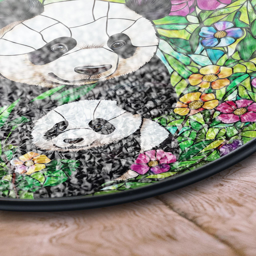 Panda Family Stained Glass Panel - Vibrant Floral and Bamboo Wildlife Circular Window Hanging, Acrylic Stained Glass Style Sun Catcher, Handmade Decorative Window Hanging, Vibrant Home Ornament, Stained Glass Window Art, Sunlit Home Accent Gift