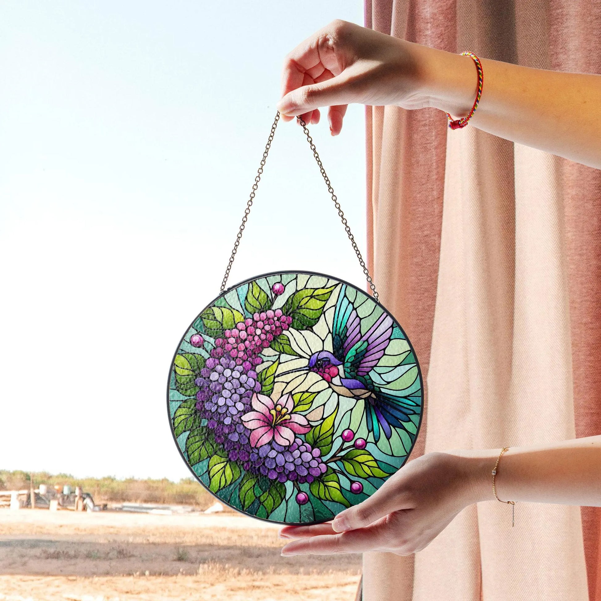 Hummingbird and Lilac Stained Glass Suncatcher, Floral Window Hanging, Nature Stained Glass Decor, Bird Lover Gift, Botanical Home Accent, Colorful Stained Glass Effect Suncatcher, Acrylic Window Hanging Art, Bright Home Accent, Gift for Home Lovers