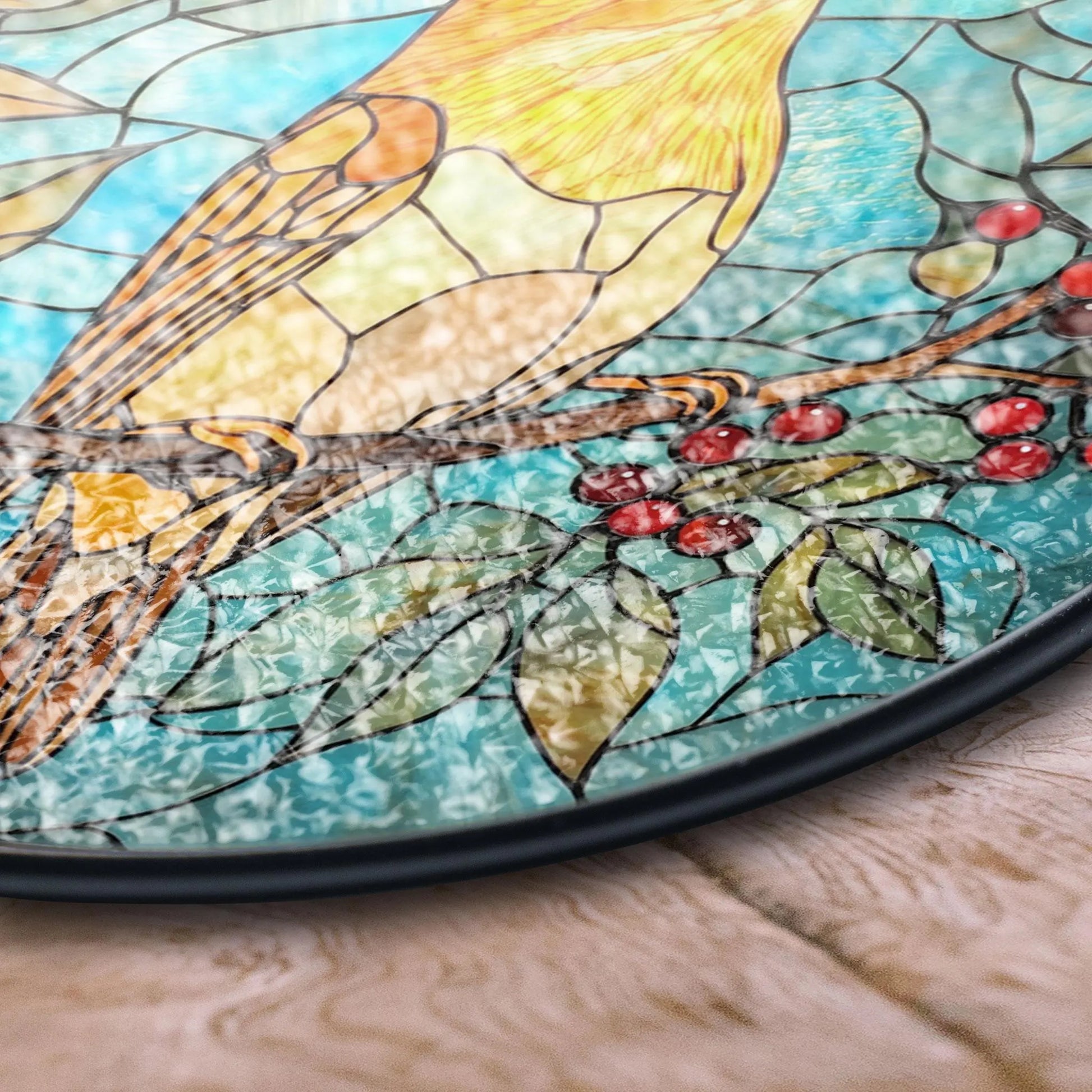 Stained Glass Yellow Bird Panel - Bright Bird With Berries and Blue Sky, Stained Glass Style Acrylic Window Ornament, Decorative Sun Catcher Hanging, Unique Home Decor