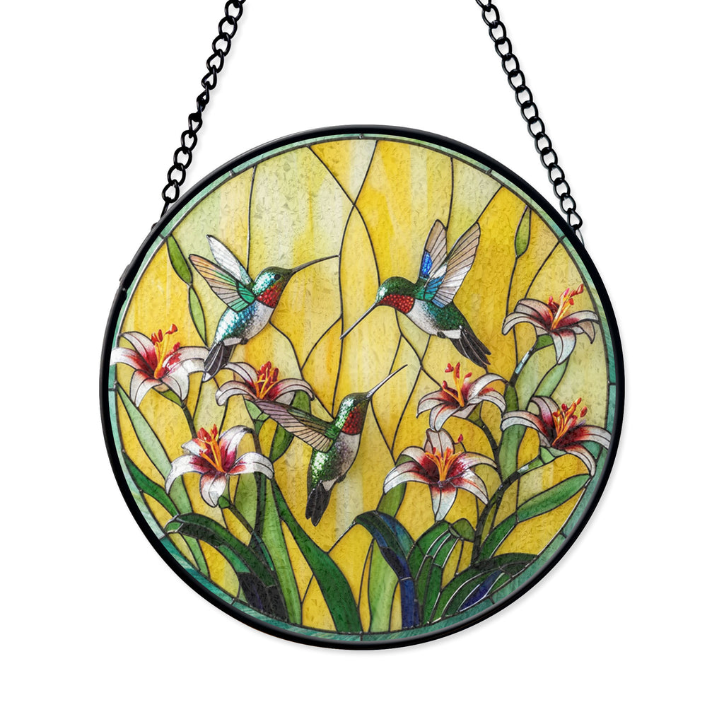 Vibrant Stained Glass Hummingbird Suncatcher With White Lilies - Beautiful Window Hanging for Home Decor, Stained Glass Style Window Decor, Acrylic Hanging Suncatcher, Sunlit Light Catcher, Unique Artisan Gift