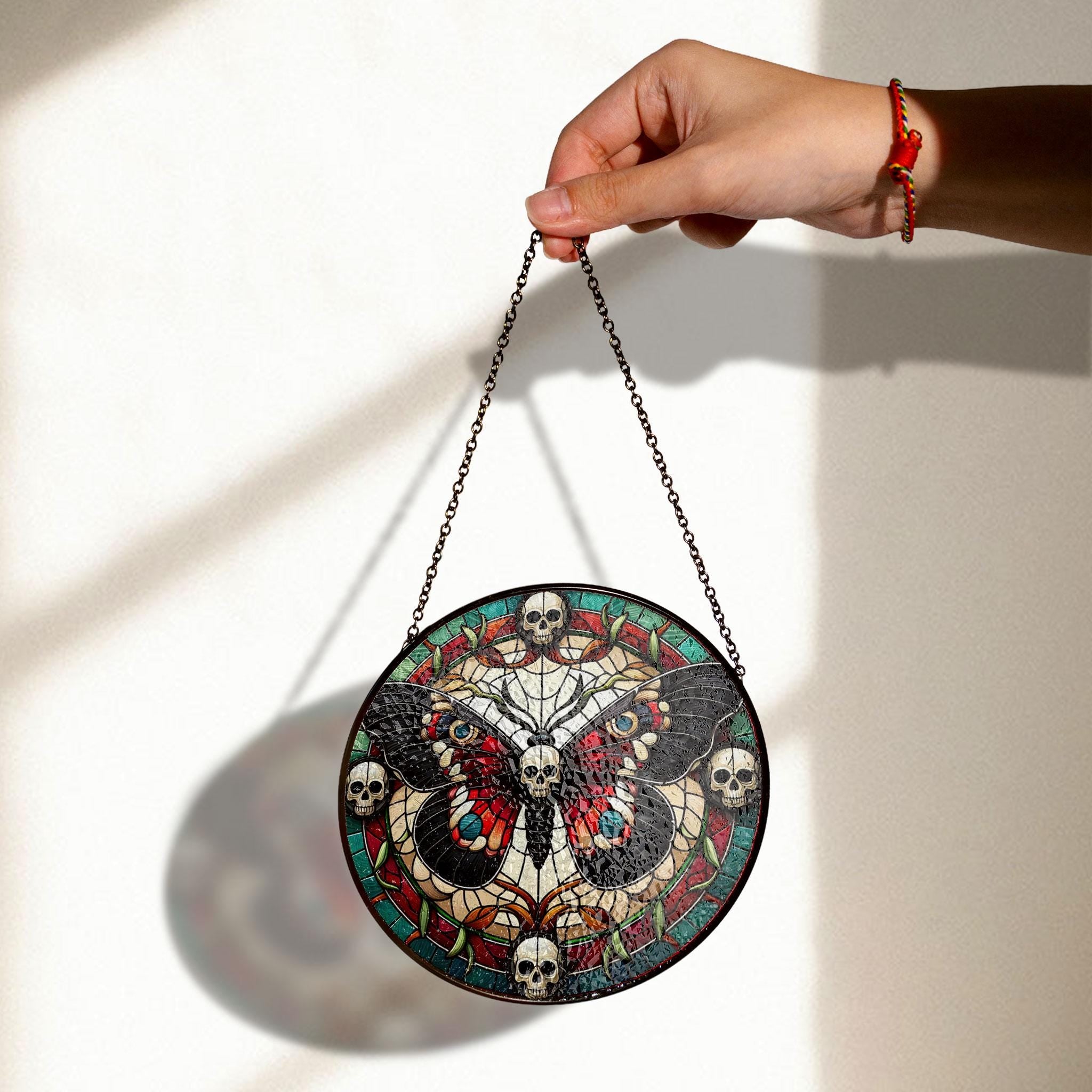 Skull Moth Stained Glass Suncatcher, Butterfly Suncatcher, Gothic Butterfly Decor for Window, Dark Art Theme, Unique Gift for Him or Her, Acrylic Stained Glass Decoration, Handmade Window Suncatcher Ornament, Boho Light Catcher Gift