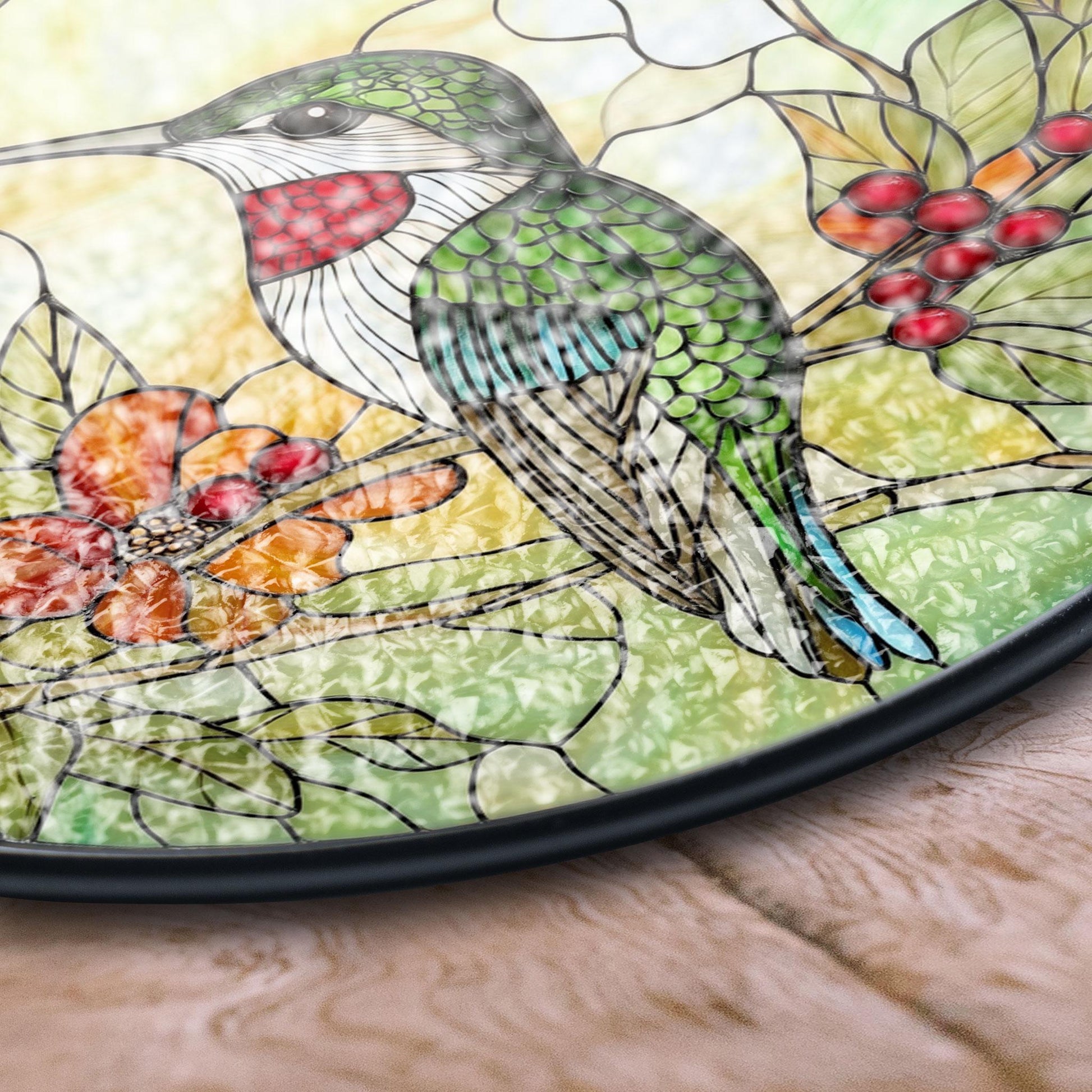 Hummingbird Stained Glass Art With Vibrant Flowers and Berries - Nature Inspired Window Decor , Acrylic Hanging Sun Catcher for Windows, Stained Glass Look Decor, Artistic Home Accent