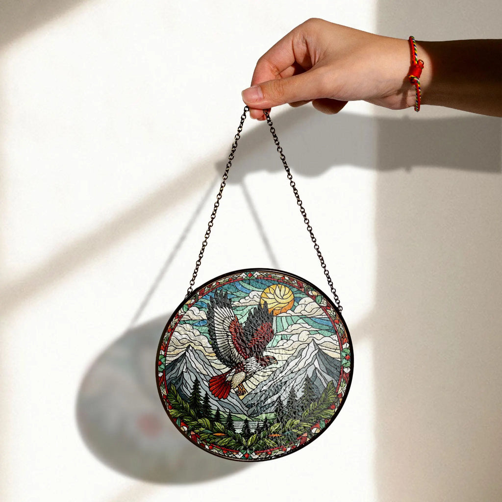 Red-tailed Hawk Stained Glass Suncatcher, Soaring Bird Art for Window Display, Nature Wildlife Theme, Gift for Him Birdwatcher, Acrylic Light Catcher Window Hanging, Stained Glass Style Ornament, Artistic Home Decor Gift